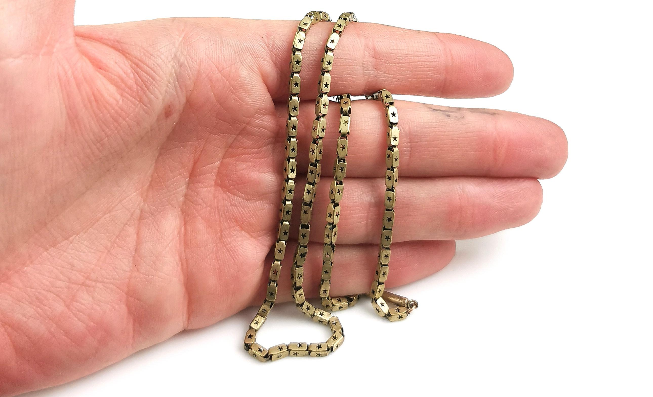 Antique Victorian star link chain necklace, Gilt brass  8