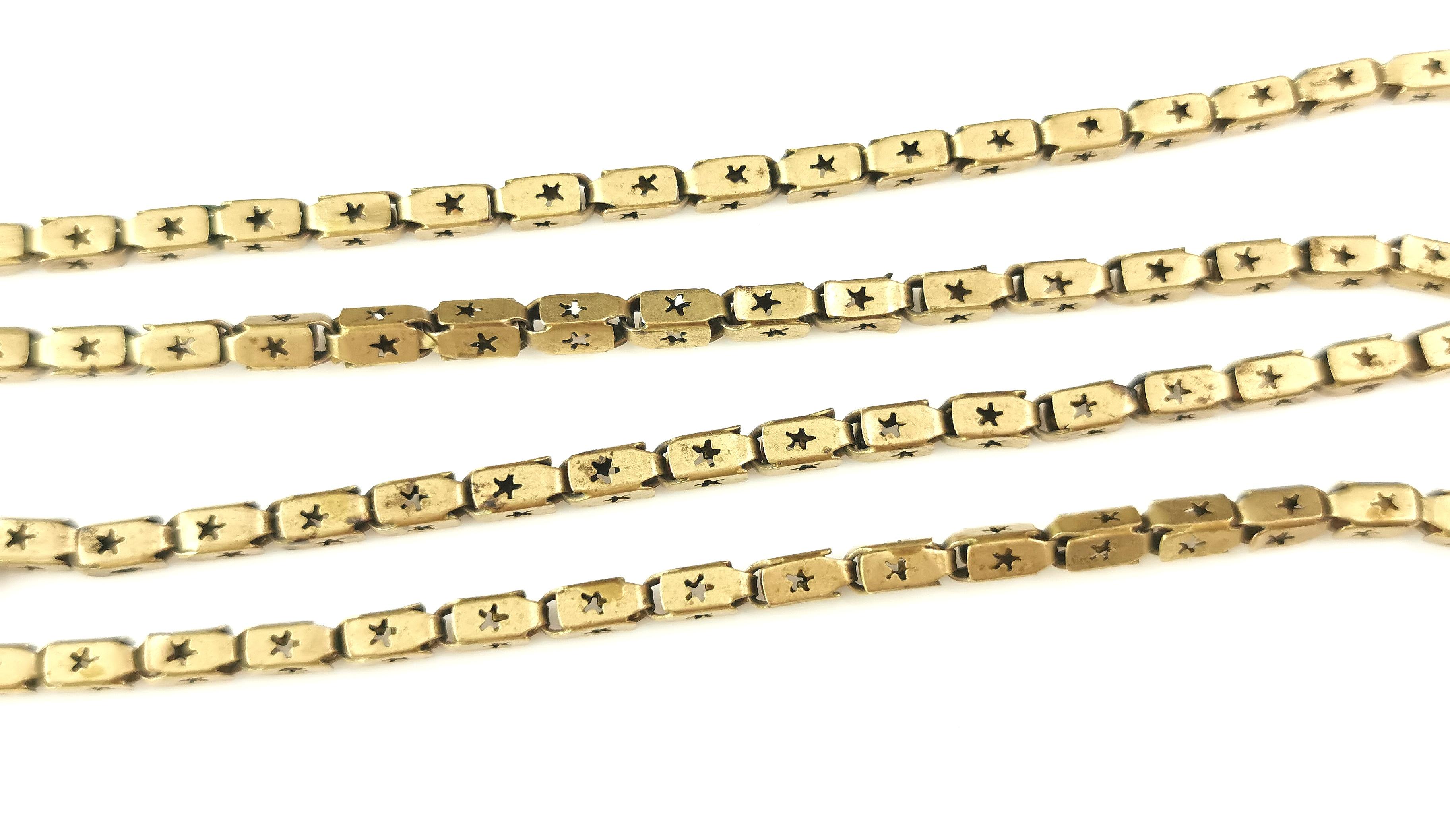 Antique Victorian star link chain necklace, Gilt brass  3