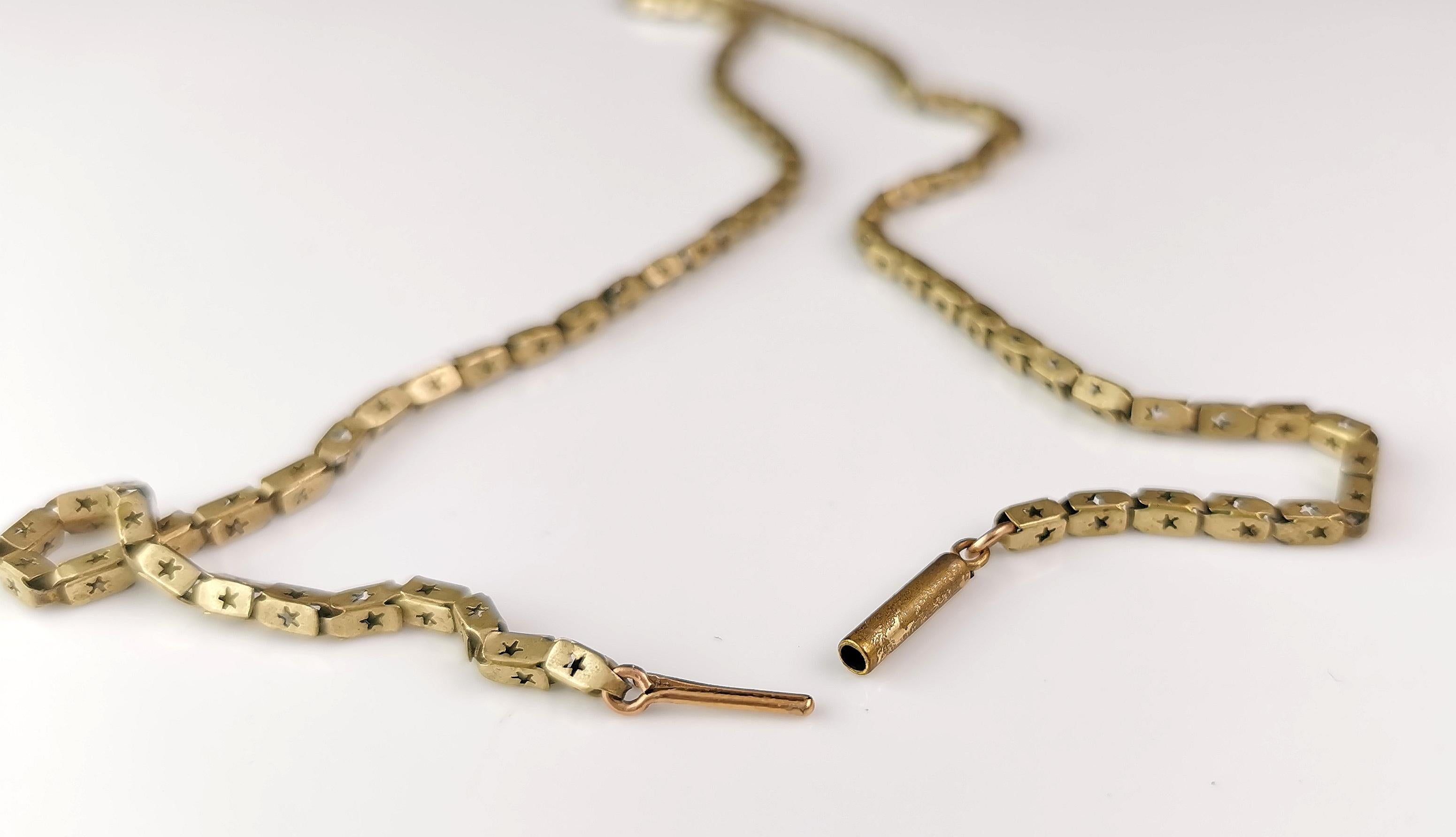 Antique Victorian star link chain necklace, Gilt brass  4
