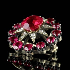 Antique Victorian Star Pendant Brooch Ruby Diamond Gold, circa 1900