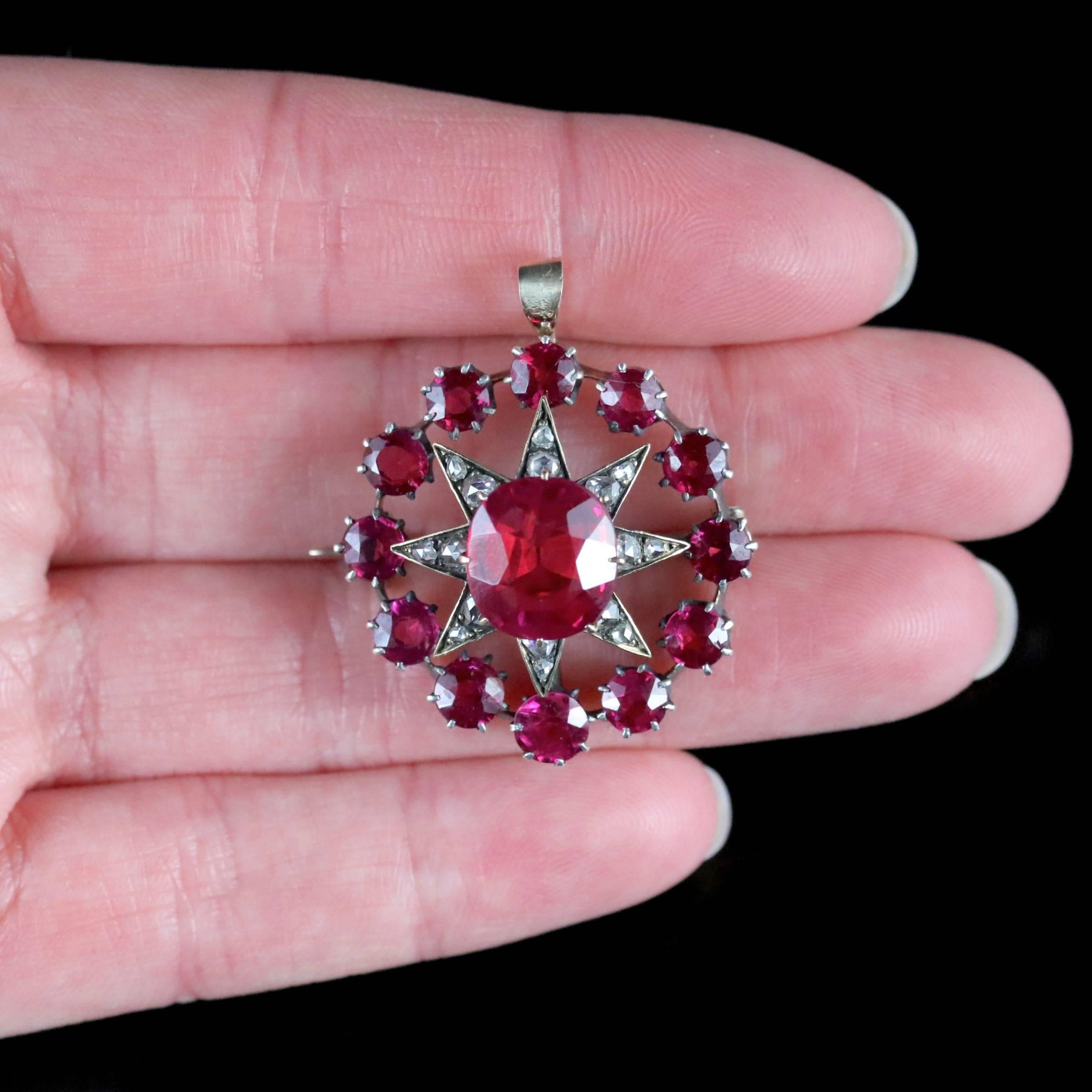 Antique Victorian Star Pendant Brooch Ruby Diamond Gold, circa 1900 For Sale 3