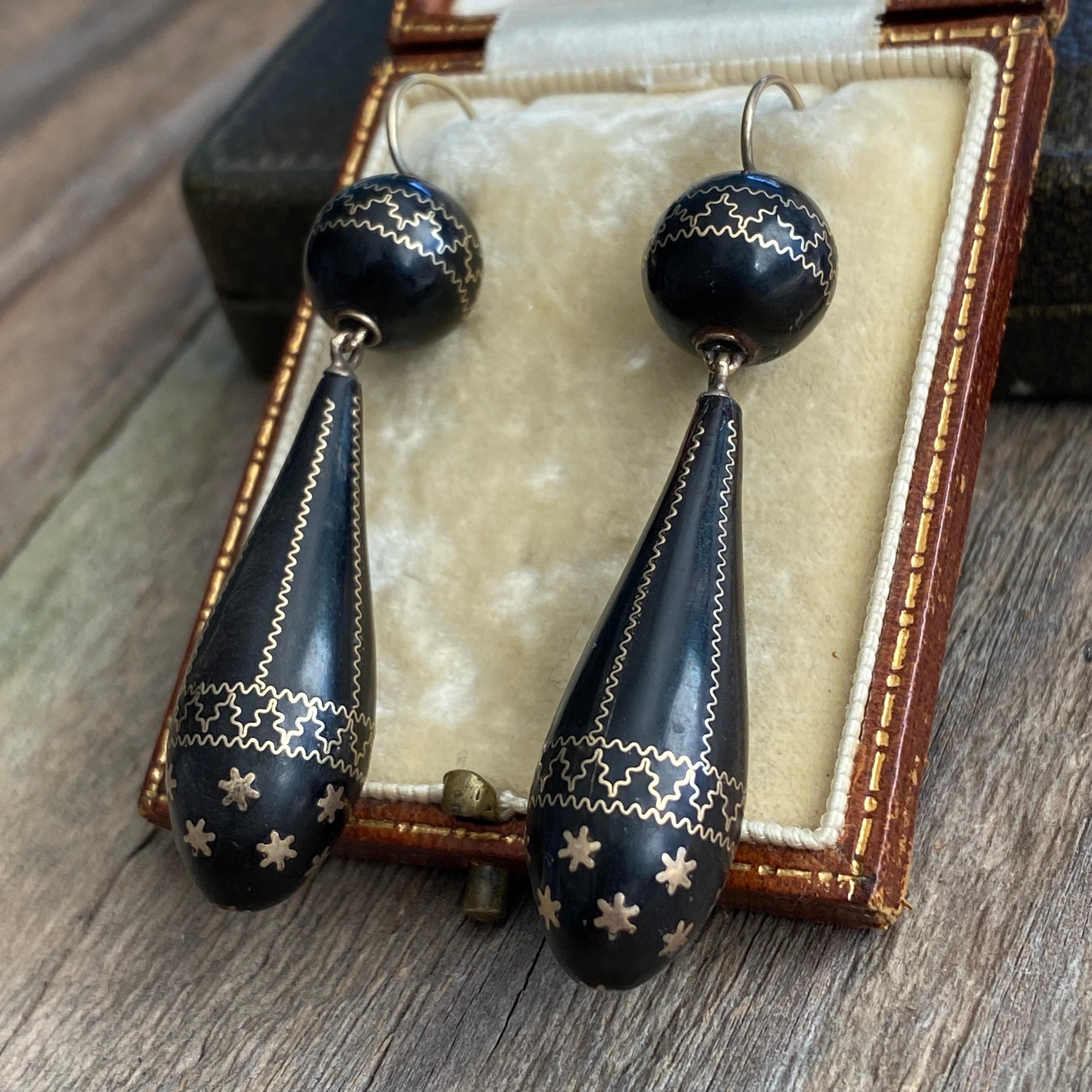 Antique Victorian Star Pique Inlay 14K Gold Earrings Black For Sale 5