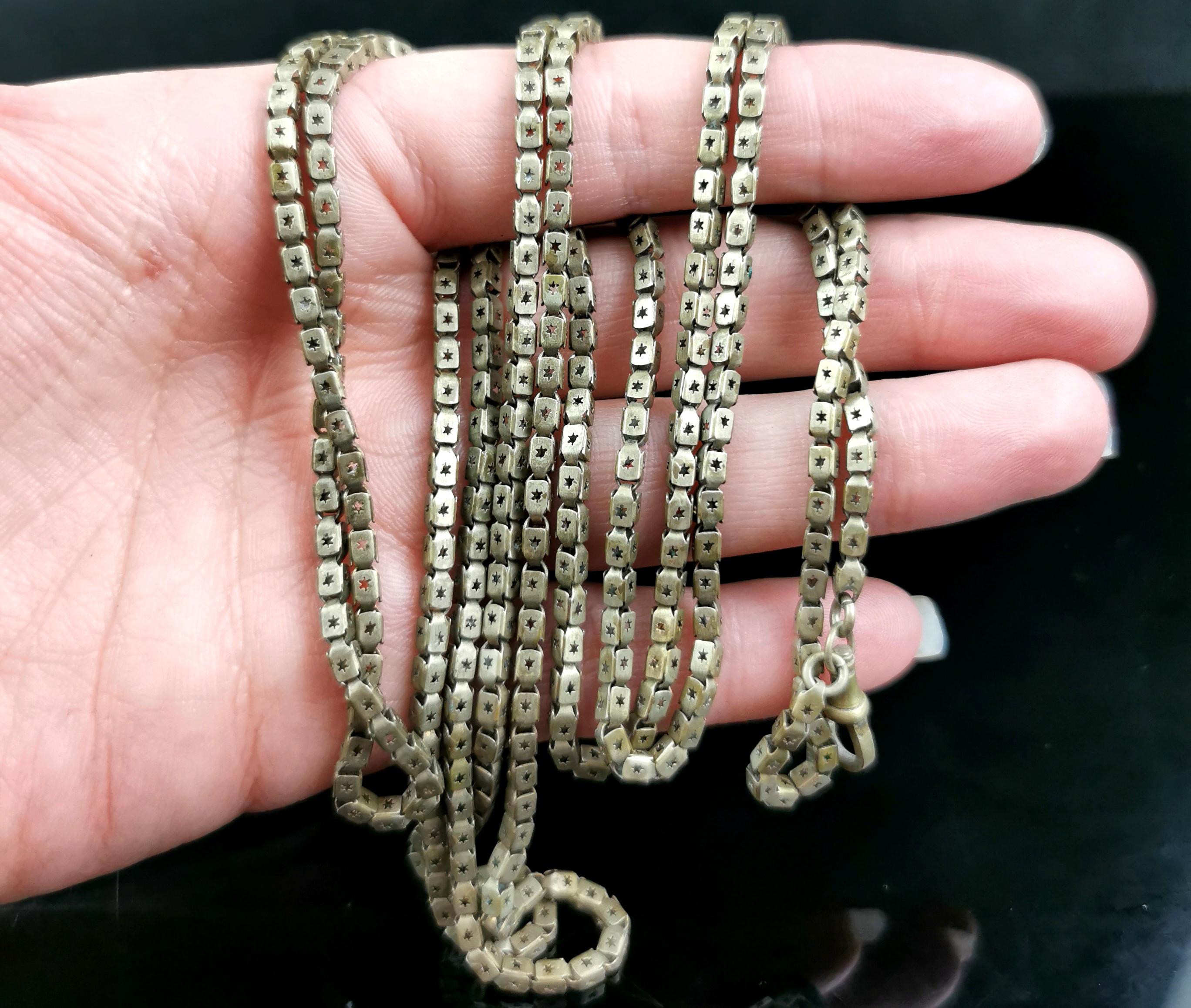 Antique Victorian Star punched long chain necklace, Gilt brass  5