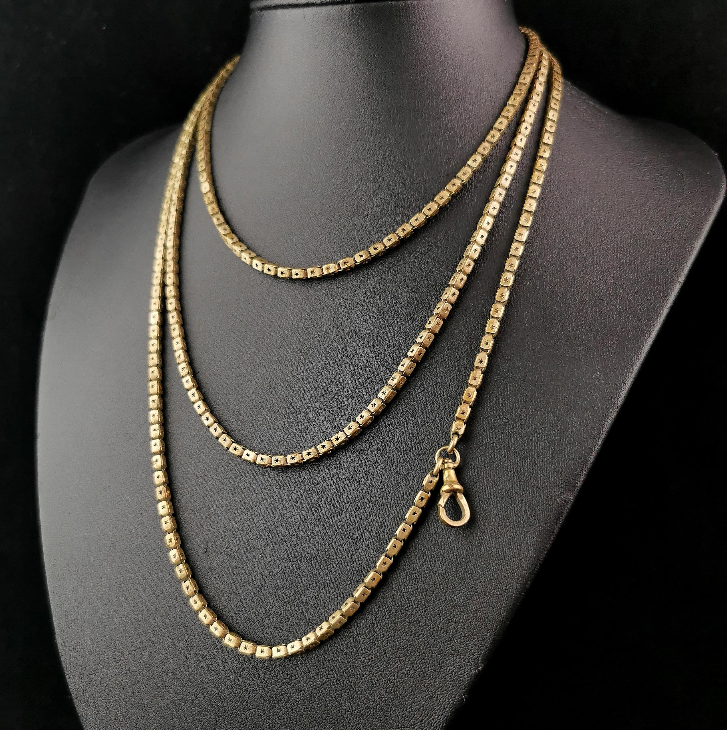 Antique Victorian Star punched long chain necklace, Gilt brass  In Fair Condition In NEWARK, GB