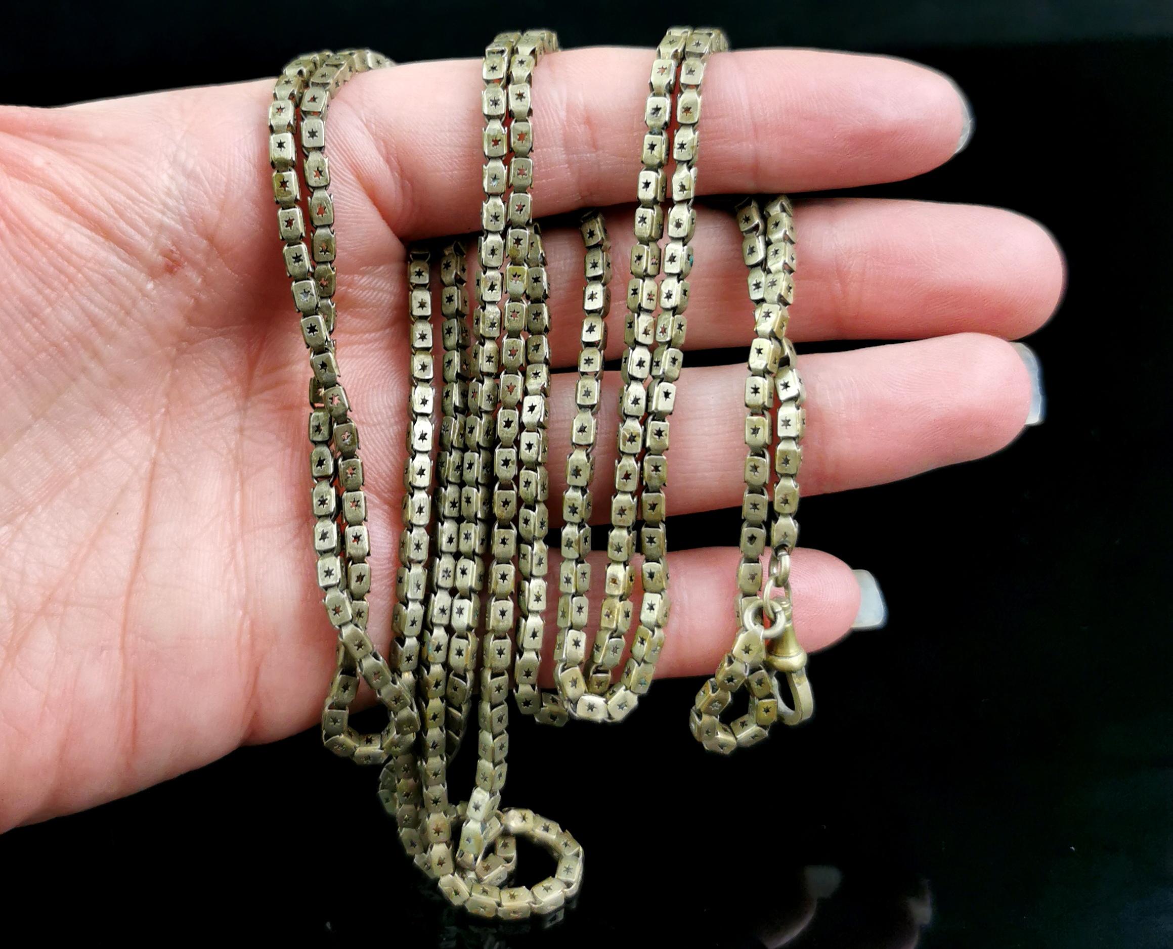 Women's Antique Victorian Star punched long chain necklace, Gilt brass