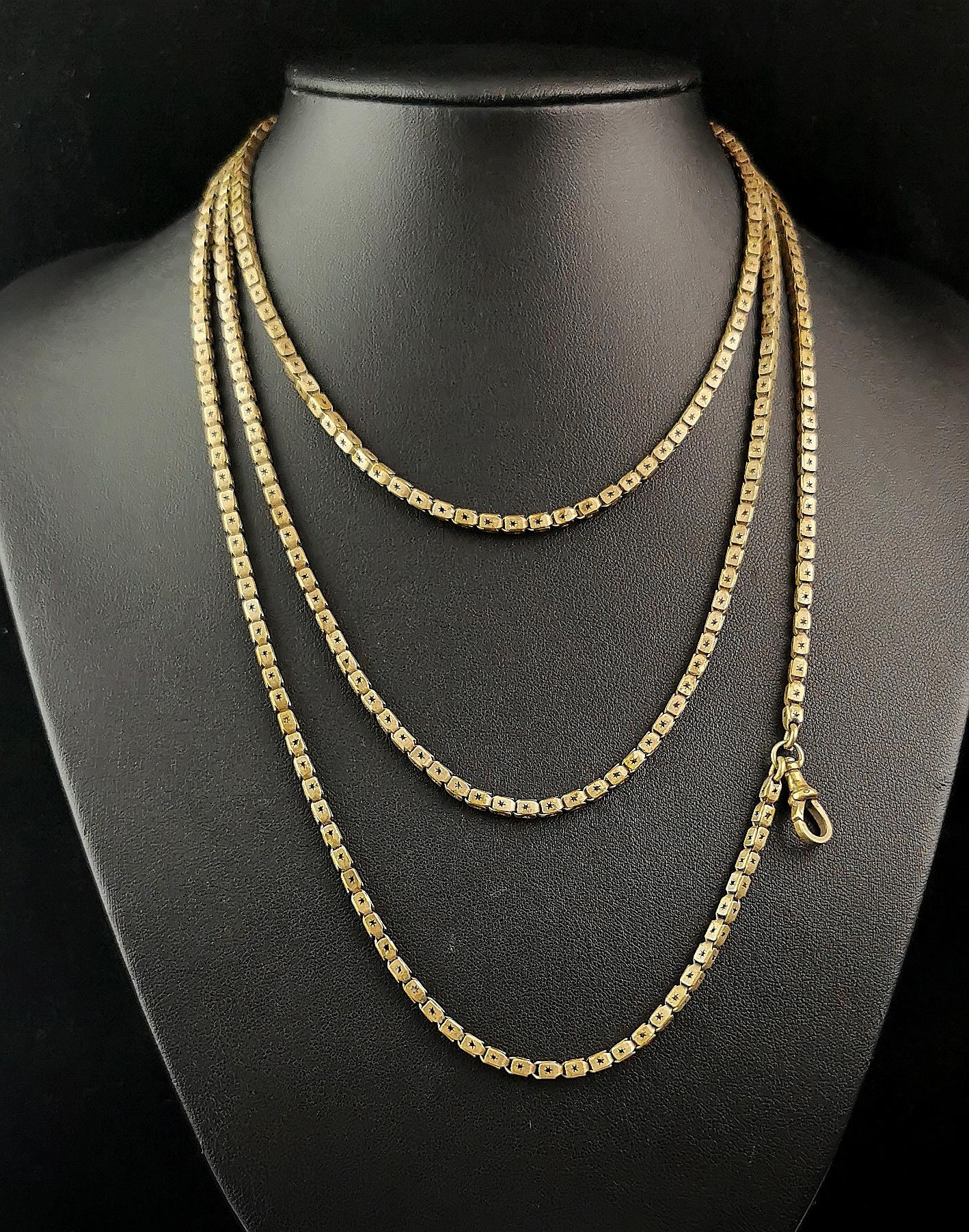 Antique Victorian Star punched long chain necklace, Gilt brass  3