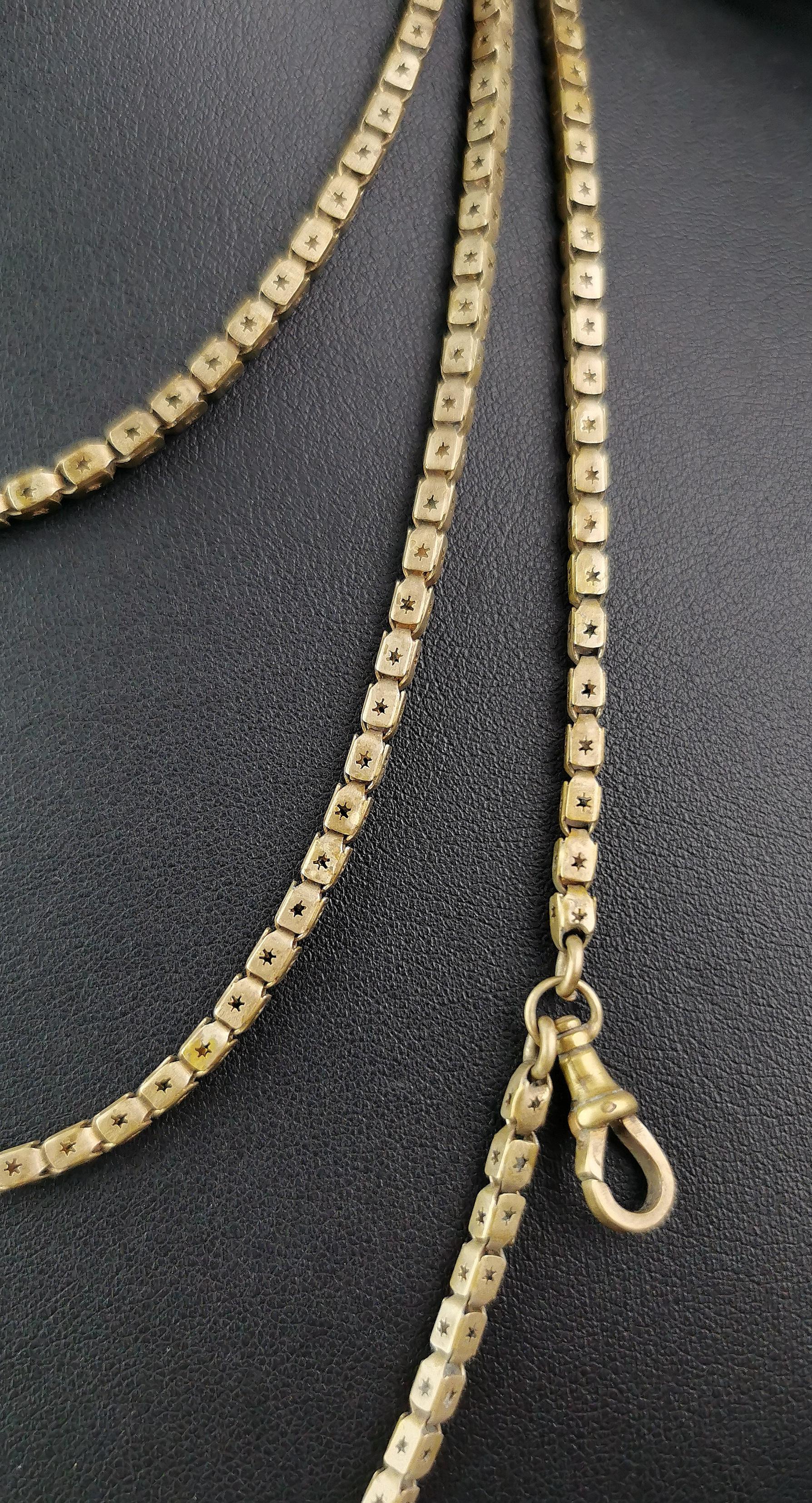 Antique Victorian Star punched long chain necklace, Gilt brass  4