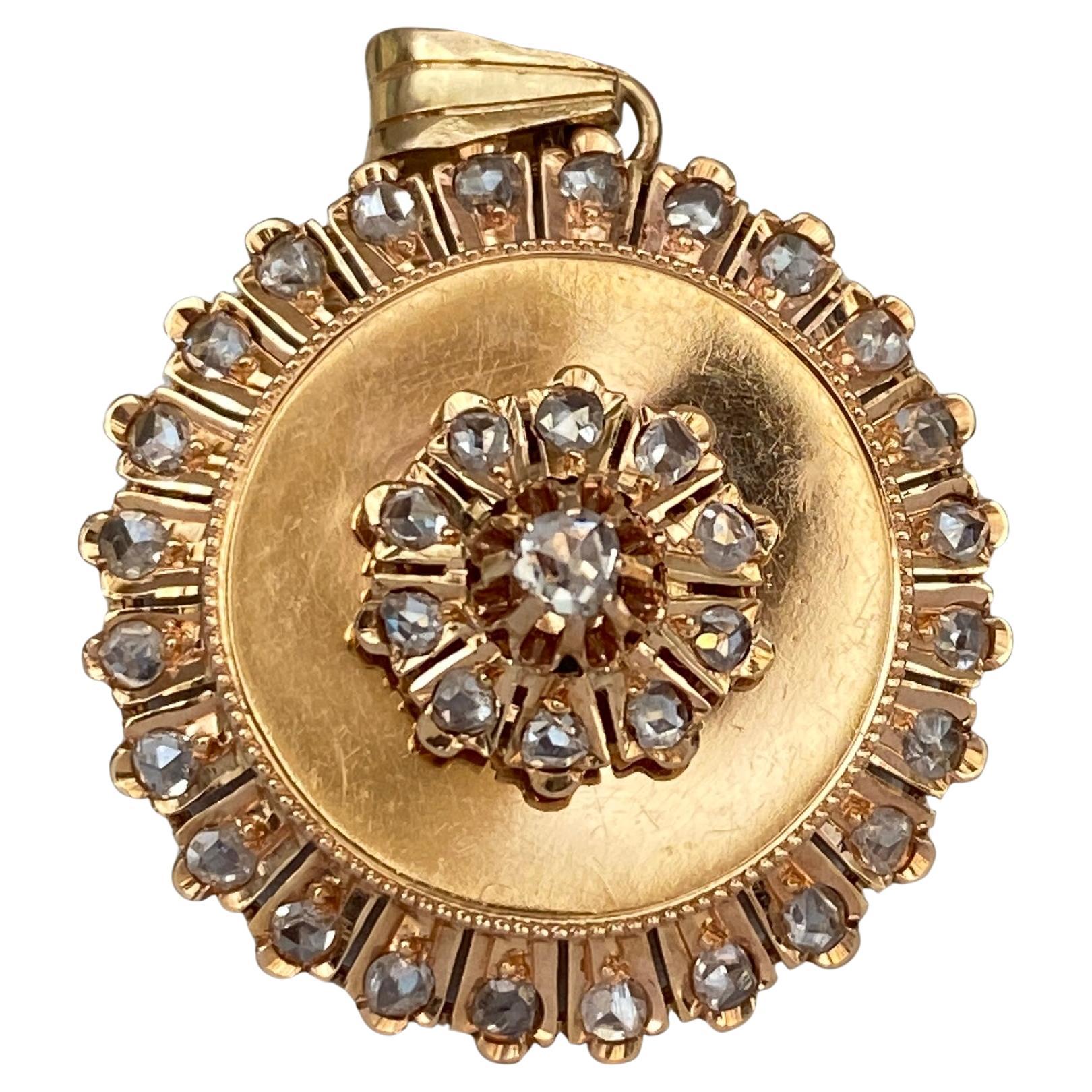 Pendentif en or 14 carats avec motif floral victorien antique et diamant taillé en rose
