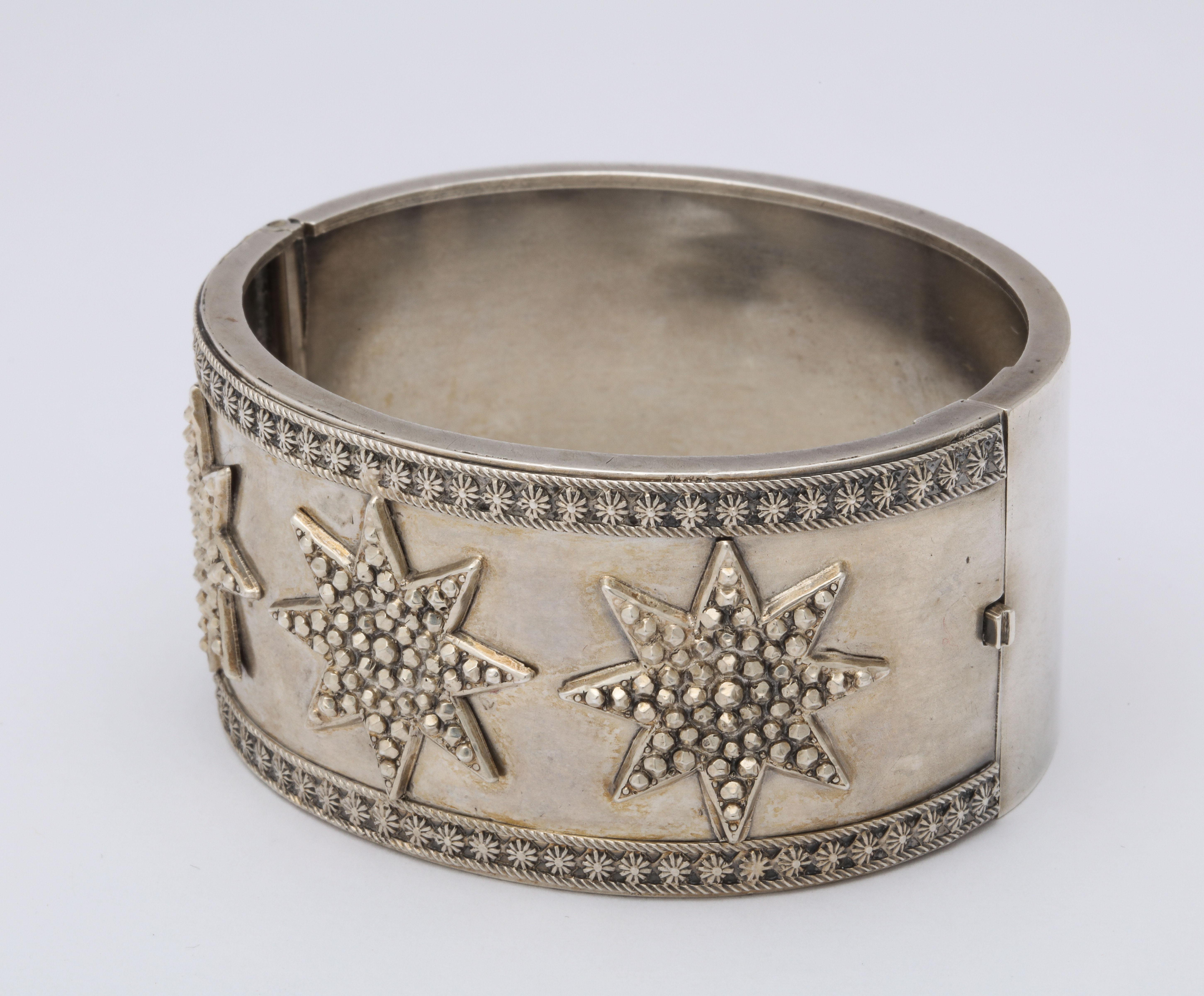 Antique Victorian Star Sterling Silver Cuff Bracelet In Excellent Condition In Stamford, CT