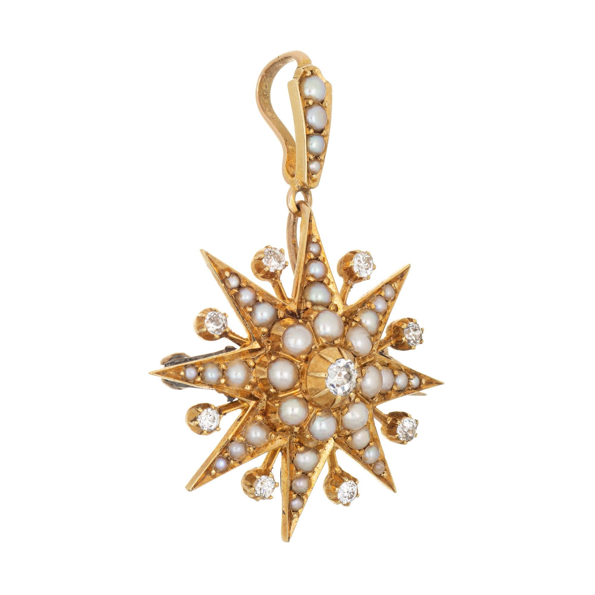 Elaborate antique Victorian starburst pendant (circa 1880s to 1900s) crafted in 18 karat yellow gold. 

Old mine cut diamonds total an estimated 0.30 carats (estimated at I-J color and SI1-2 clarity). The pearls range in size from 1mm to 2.5mm.