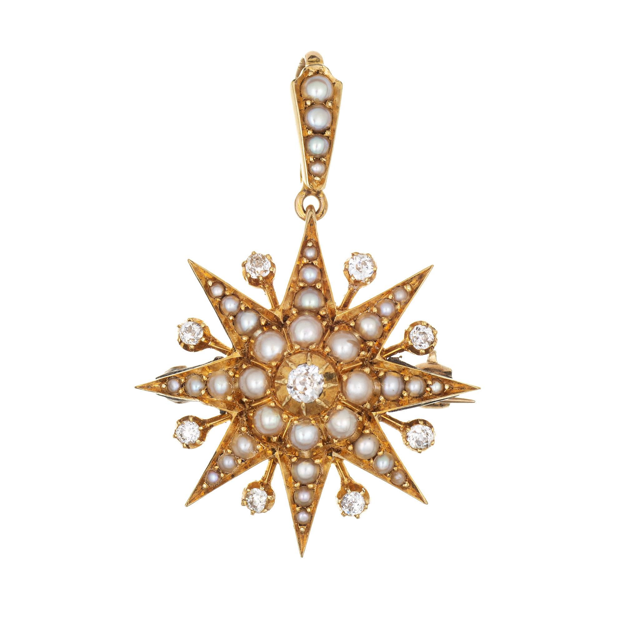 Old Mine Cut Antique Victorian Starburst Pendant 18k Yellow Gold Diamond Pearl Celestial Pin