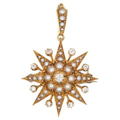 Antique Victorian Starburst Pendant 18k Yellow Gold Diamond Pearl Celestial Pin