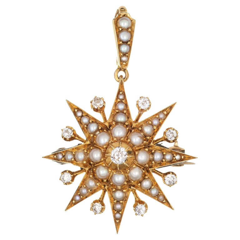 Antique Victorian Starburst Pendant 18k Yellow Gold Diamond Pearl ...