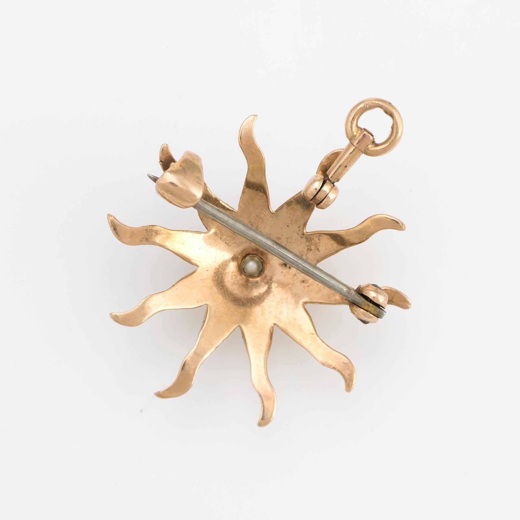 Finely detailed antique Victorian sunburst pendant or brooch (circa 1880s to 1900s), crafted in 10 karat rose gold. 

A total of 31 seed pearls ranging in size from 0/2 to 1.5mm adorn the pendant.

The piece is perfect for everyday wear and