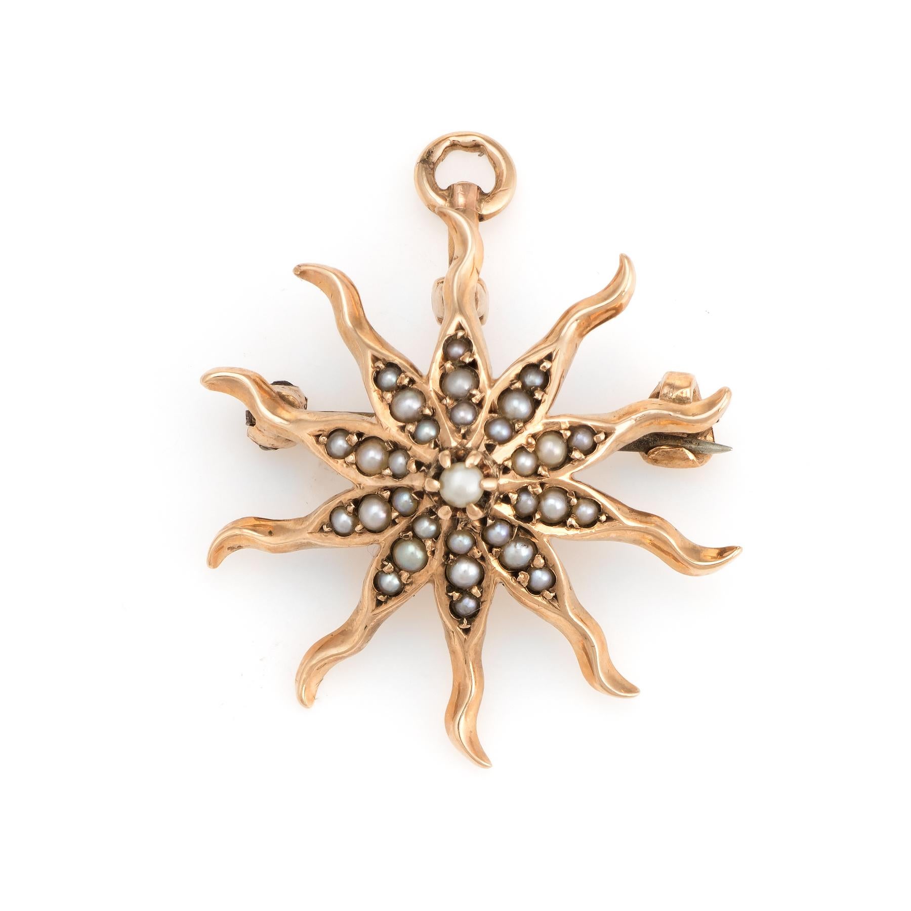 Round Cut Antique Victorian Starburst Pendant Brooch Vintage 10k Gold Pearl Celestial Sun