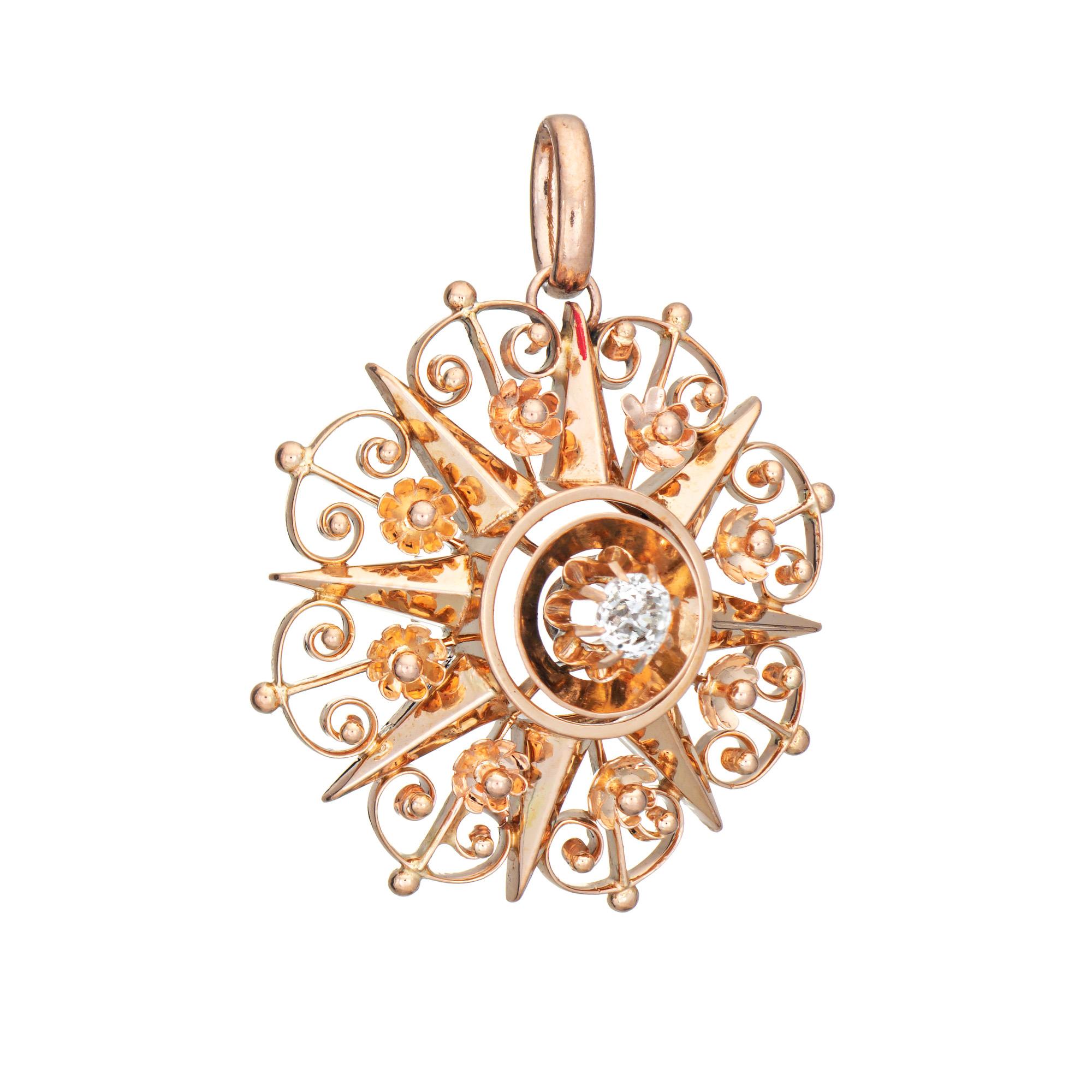 Finely detailed antique Victorian diamond star pendant (circa 1880s to 1900s), crafted in 14 karat rose gold. 

Old mine cut diamond is estimated at 0.20 carats (estimated at L-M color and SI1-2 clarity).  

The beautifully detailed pendant