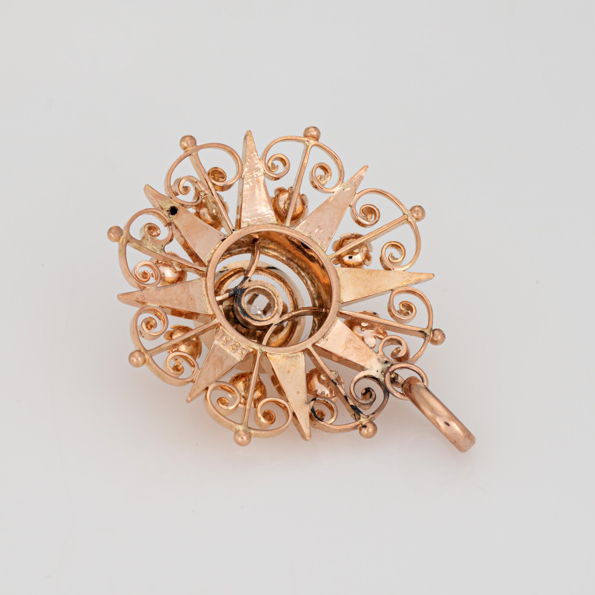 Old Mine Cut Antique Victorian Starburst Pendant Diamond 14k Rose Gold Fine Flower Jewelry For Sale