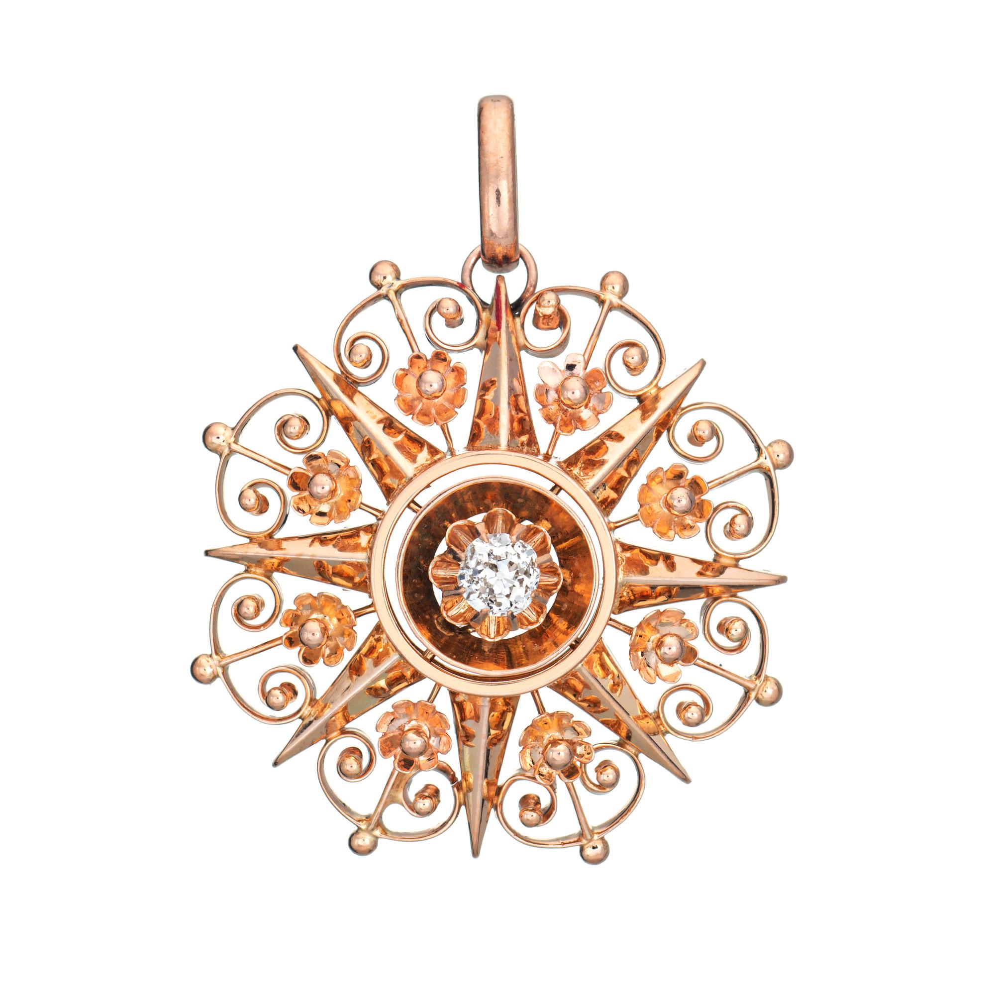 Antique Victorian Starburst Pendant Diamond 14k Rose Gold Fine Flower Jewelry In Good Condition For Sale In Torrance, CA
