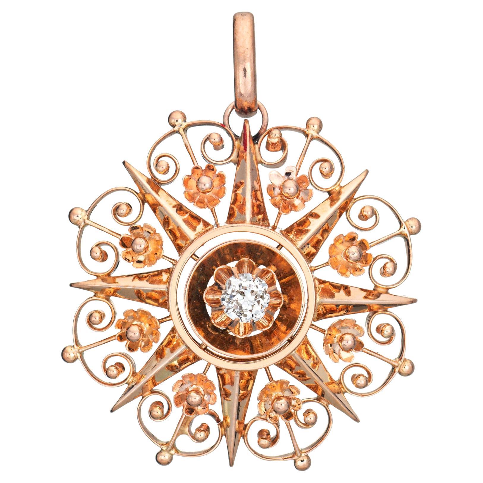 Antique Victorian Starburst Pendant Diamond 14k Rose Gold Fine Flower Jewelry For Sale