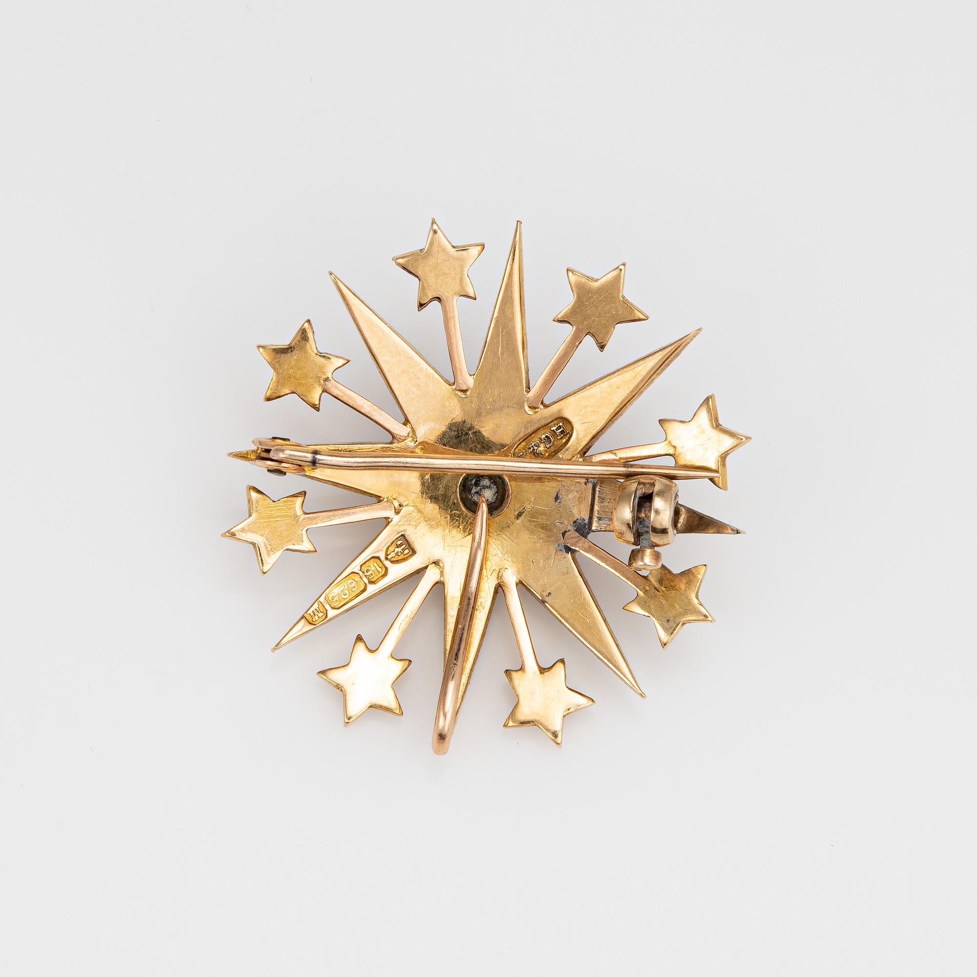 Finely detailed Victorian starburst pendant or brooch (circa 1895), crafted in 15 karat yellow gold. 

Seed pearls range in size from 1mm to 2.5mm. The pearls are in-tact and in good condition.

The starburst motif was popular during the Victorian