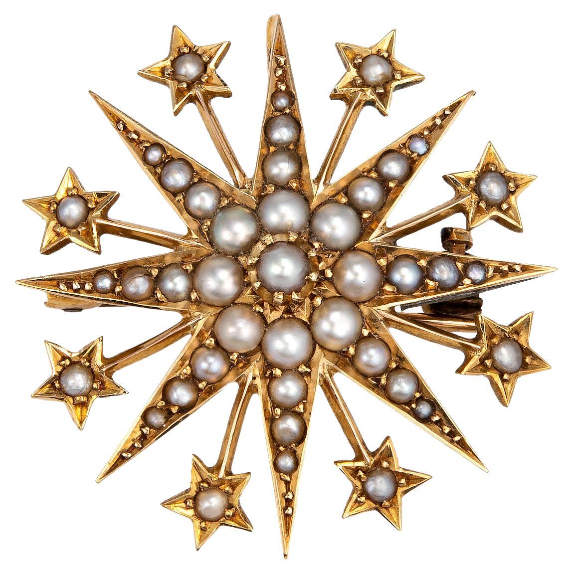 Antique Victorian Starburst Pendant Seed Pearls 15k Gold Chester Hallmarks c1895