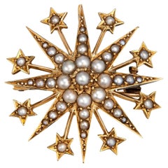 Antique Victorian Starburst Pendant Seed Pearls 15k Gold Chester Hallmarks c1895