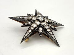Antique Victorian Starburst Star Brooch Rose Diamond Gold Silver