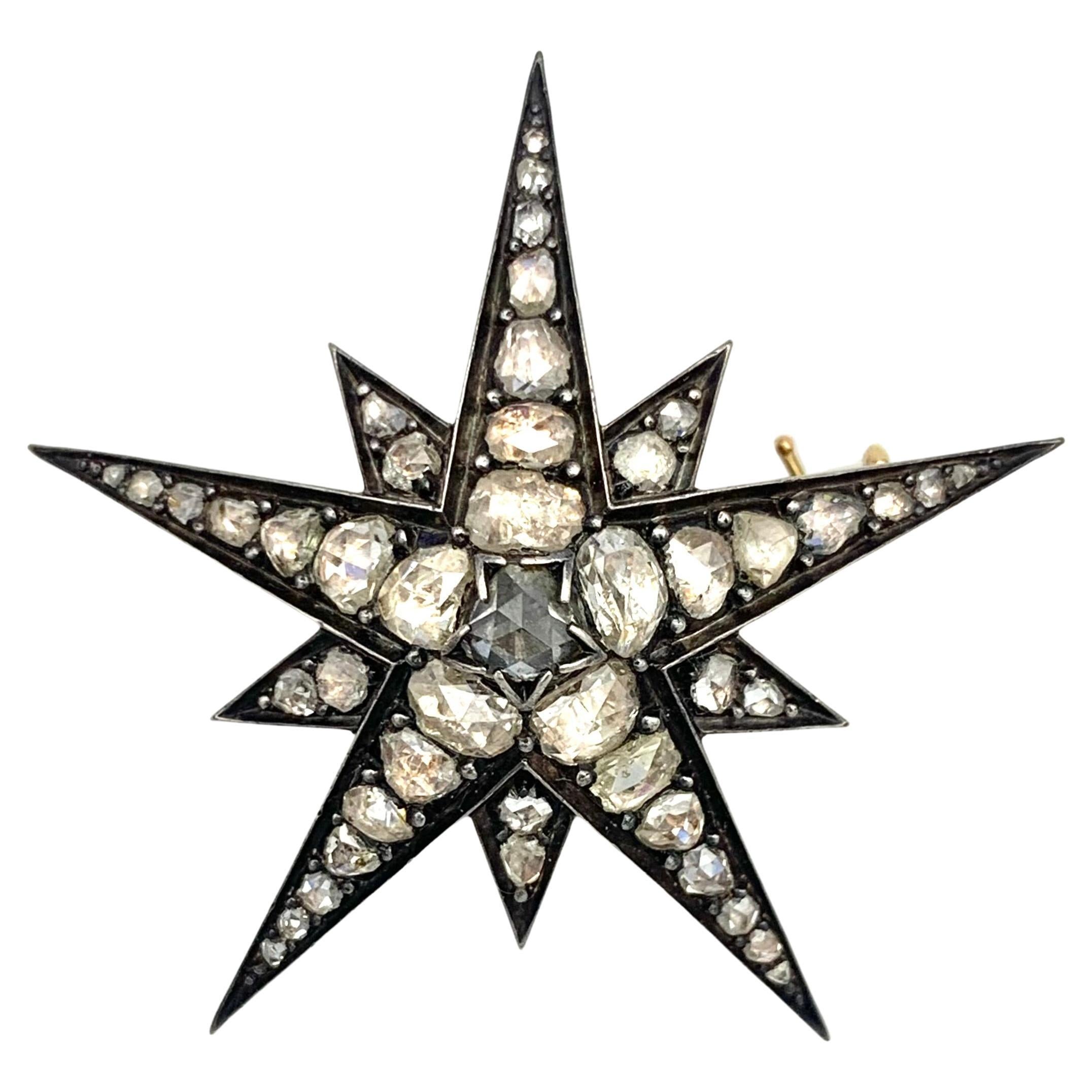 Antique Victorian Starburst Star Brooch Rose Diamond Gold Silver For Sale