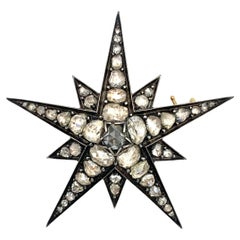 Antique Victorian Starburst Star Brooch Rose Diamond Gold Silver