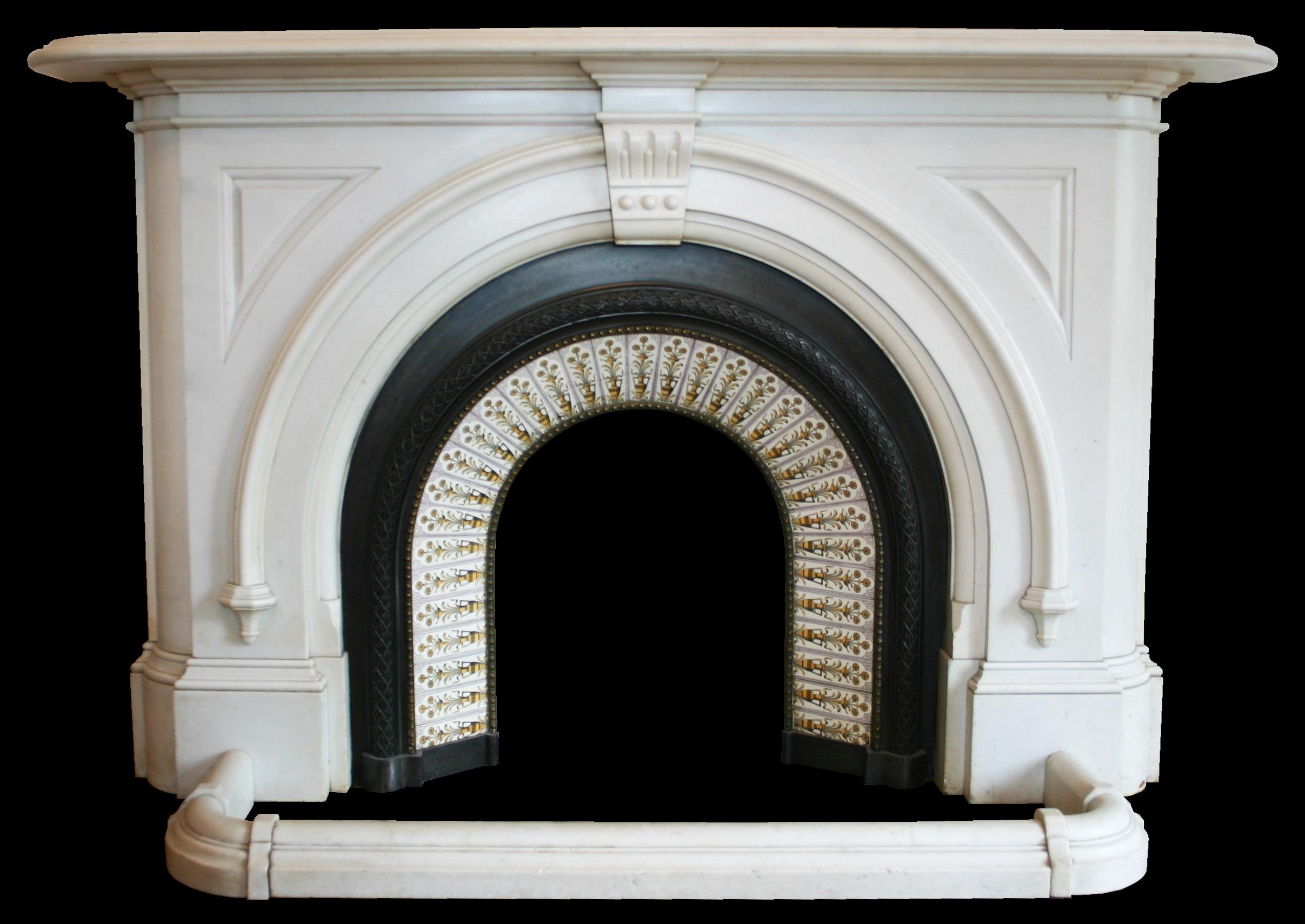 English Antique Victorian Statuary White Marble Arched Fireplace Surround