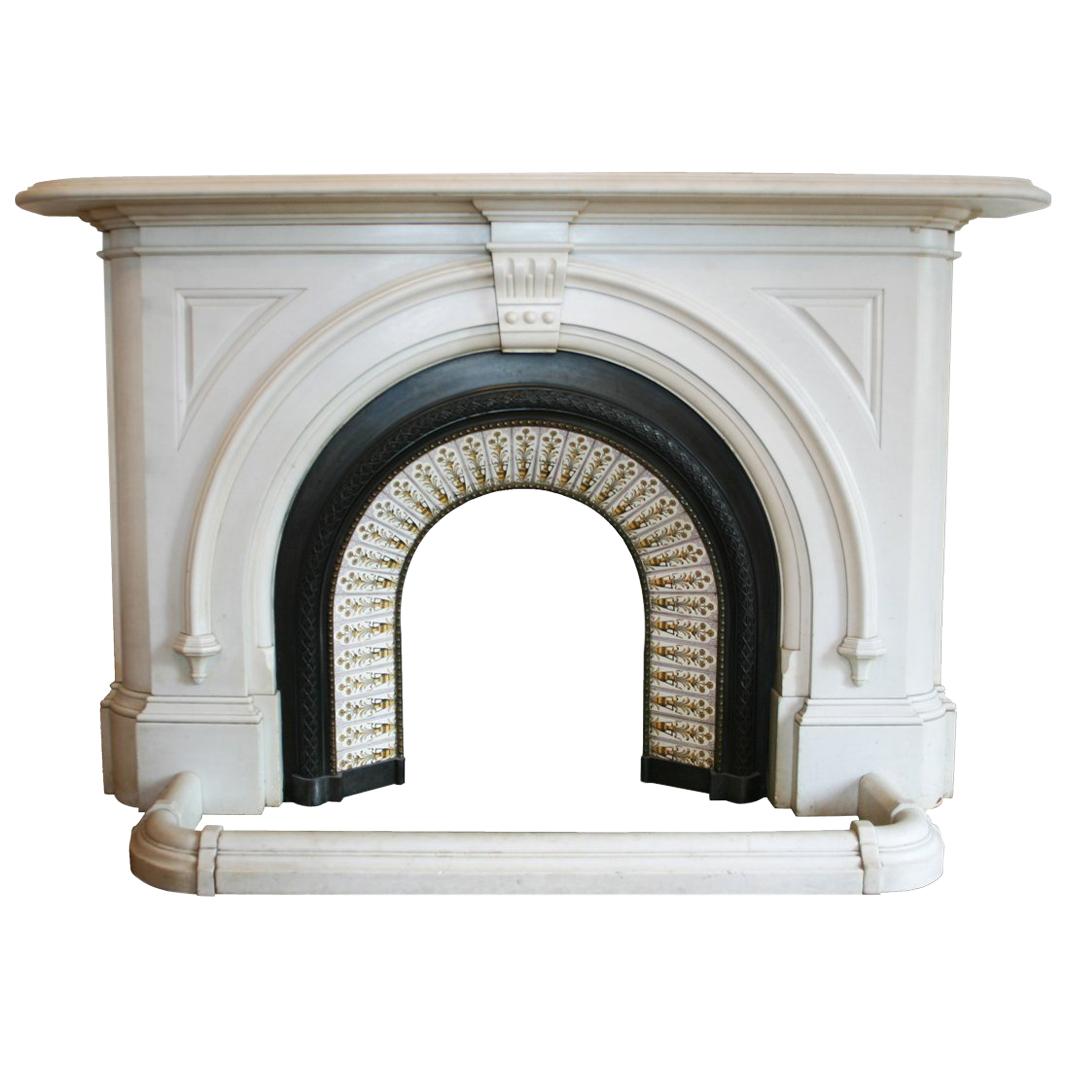 Antique Victorian Statuary White Marble Arched Fireplace Surround