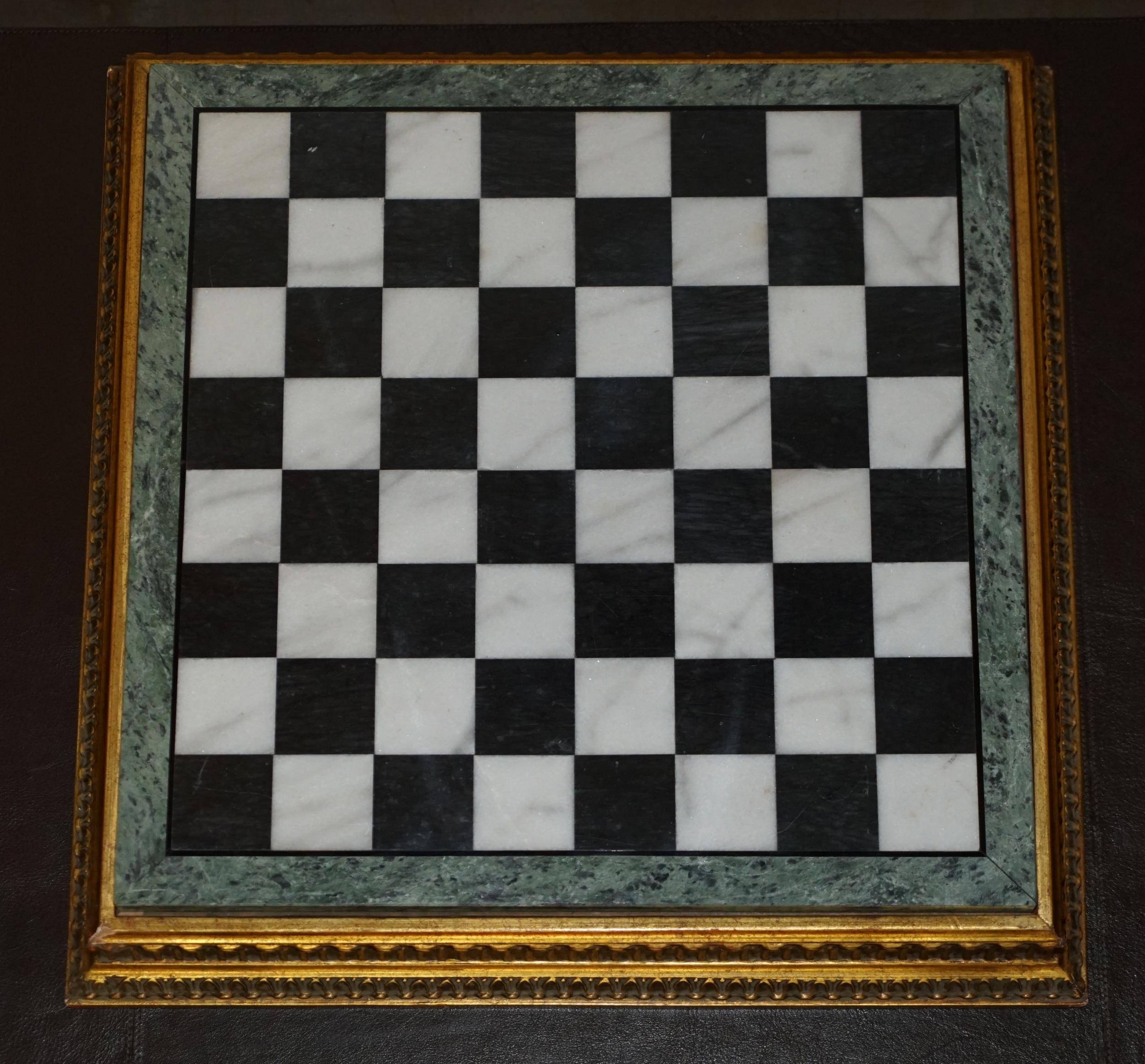 Antique Victorian Staunton Chess Pieces Set + Italian Marble Giltwood Chessboard For Sale 4