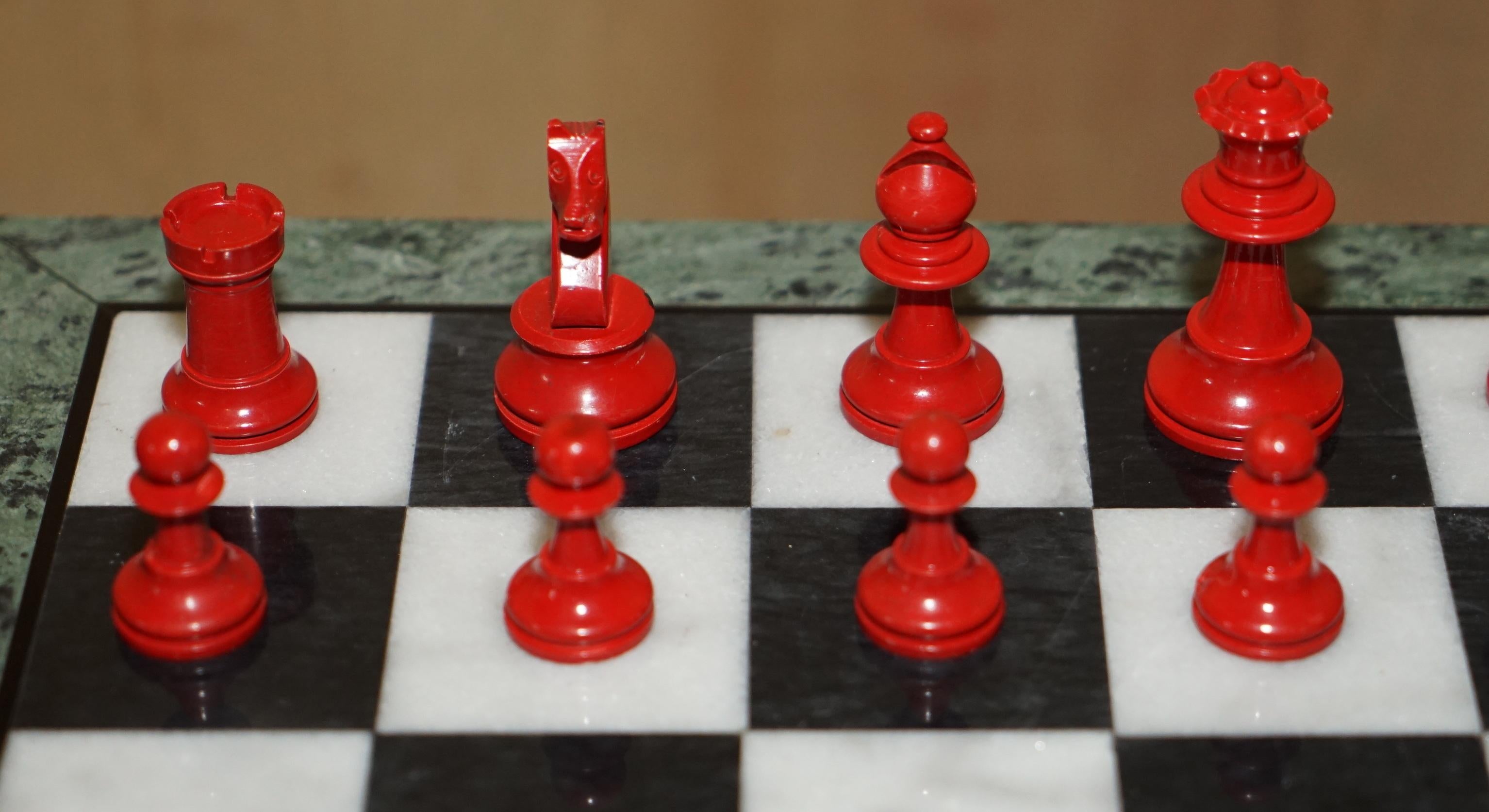 Hand-Crafted Antique Victorian Staunton Chess Pieces Set + Italian Marble Giltwood Chessboard For Sale