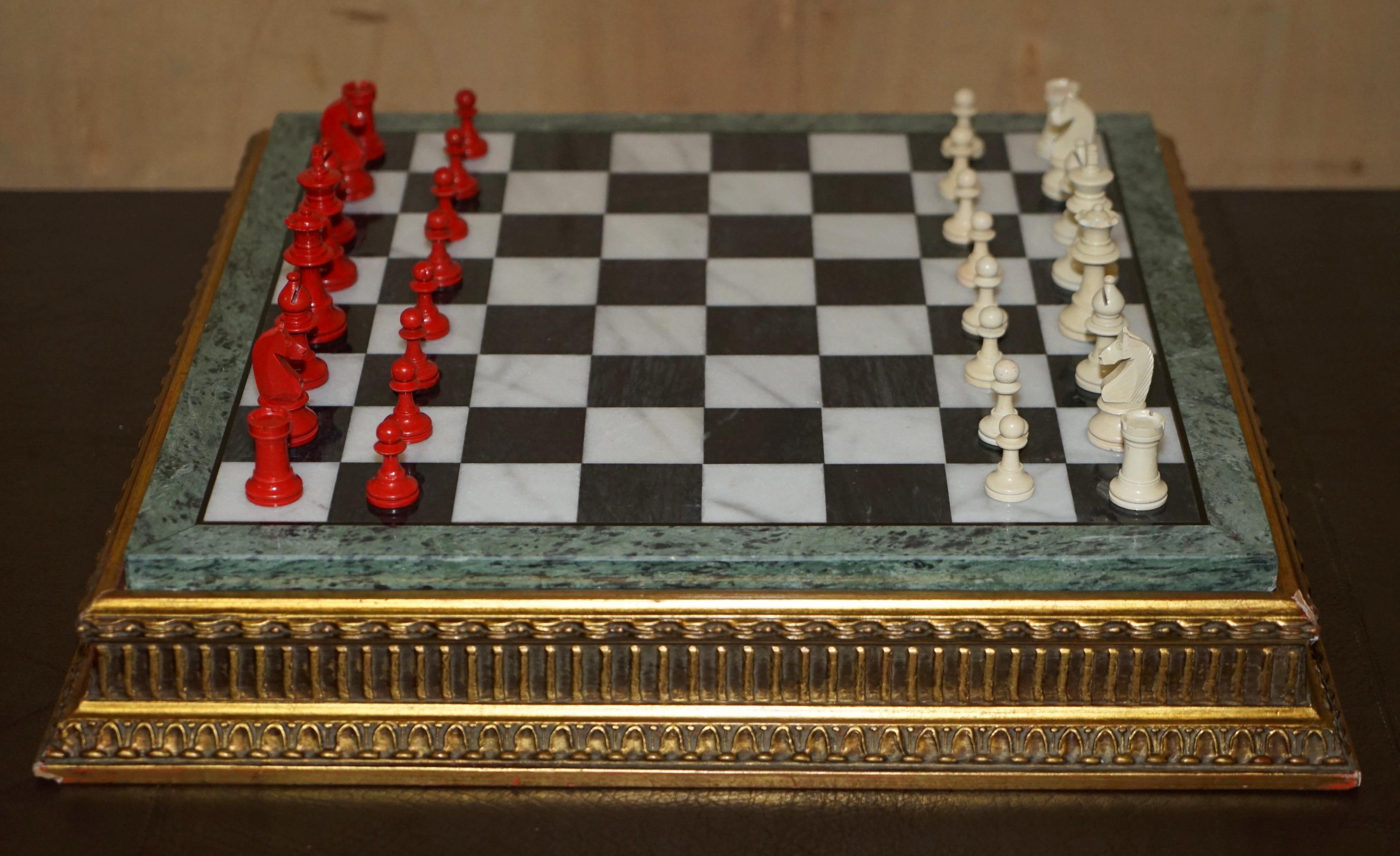 Antique Victorian Staunton Chess Pieces Set + Italian Marble Giltwood Chessboard For Sale 1