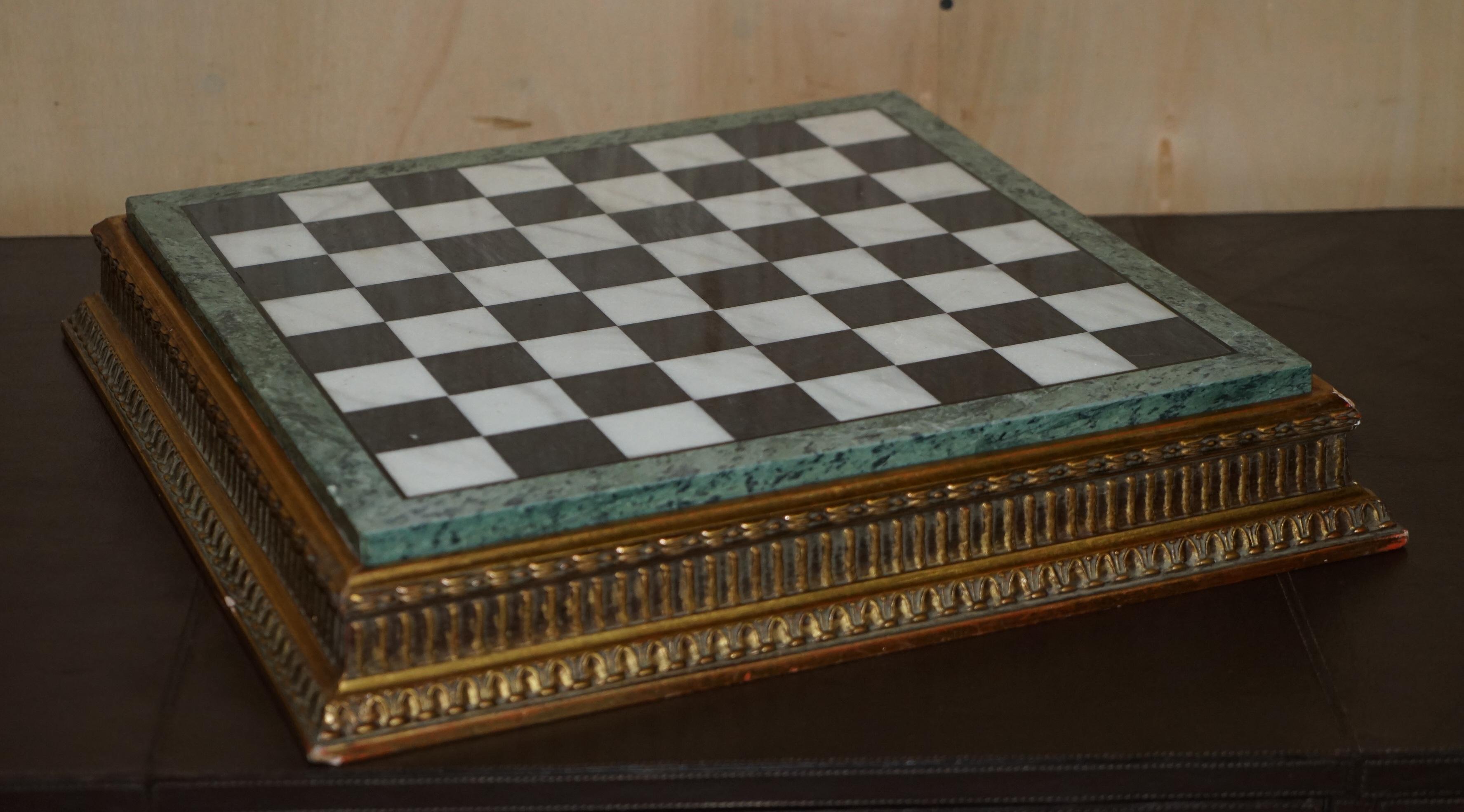 Antique Victorian Staunton Chess Pieces Set + Italian Marble Giltwood Chessboard For Sale 2