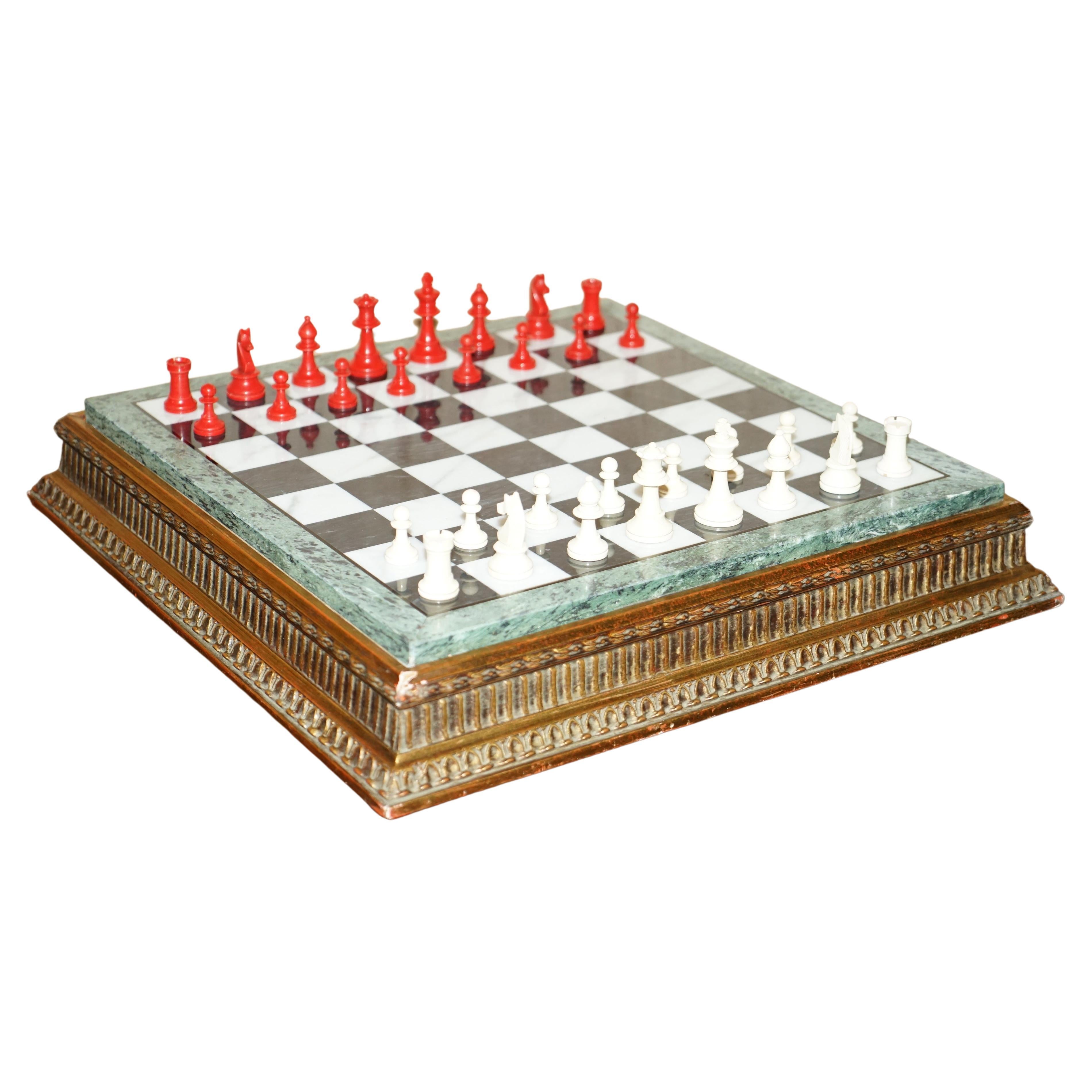 Antique Victorian Staunton Chess Pieces Set + Italian Marble Giltwood Chessboard
