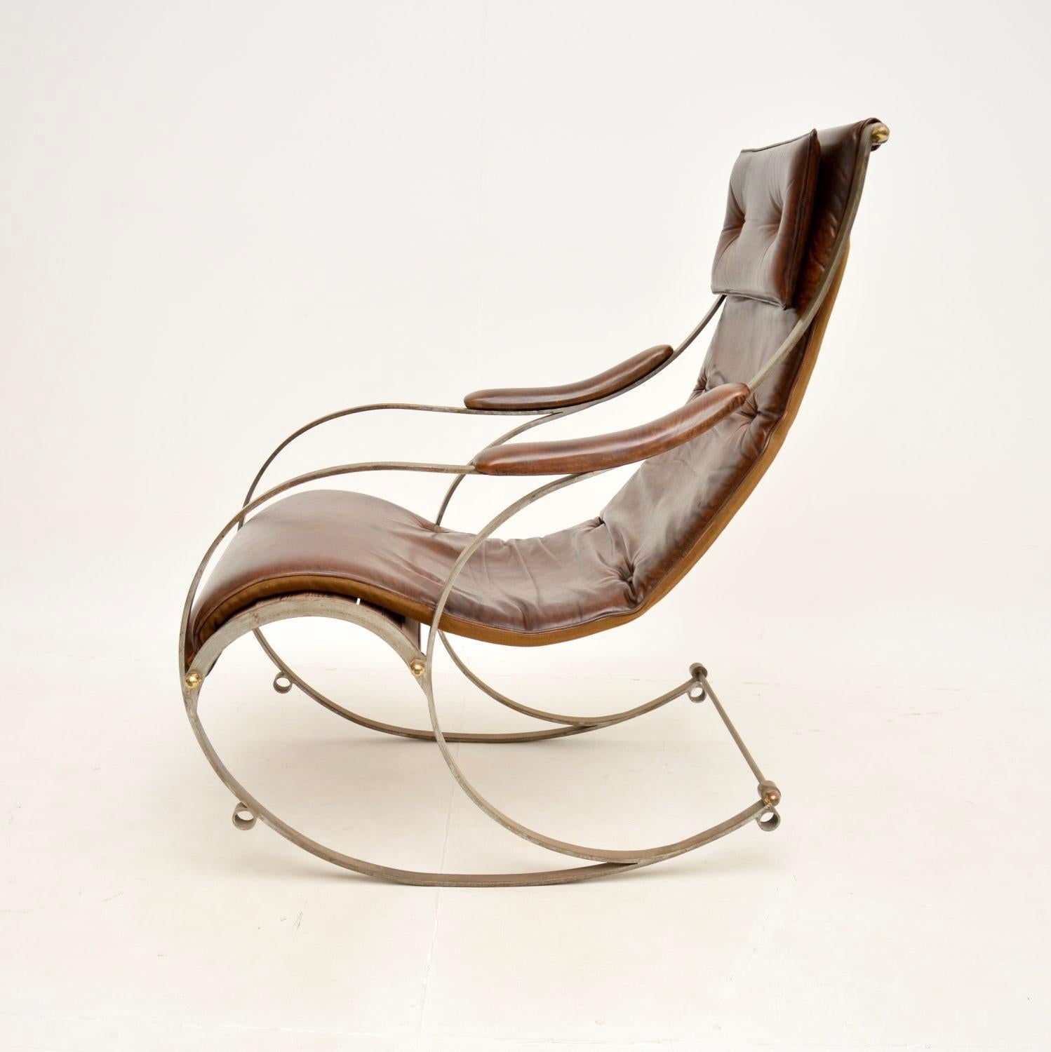 British Antique Victorian Steel and Leather Rocking Chair by Peter Cooper for R.W Winfie For Sale