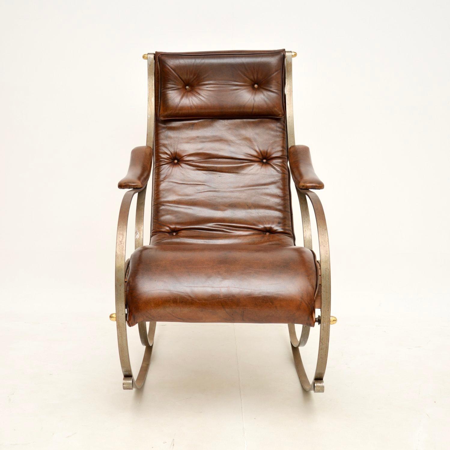 Antique Victorian Steel and Leather Rocking Chair by Peter Cooper for R.W Winfie In Good Condition For Sale In London, GB