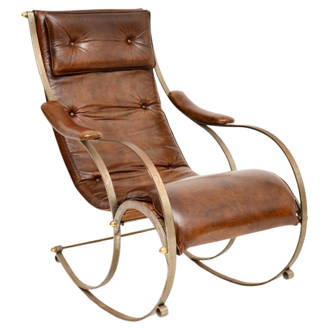 Chaise à bascule victorienne ancienne en acier et cuir de Peter Cooper pour R.W Winfie