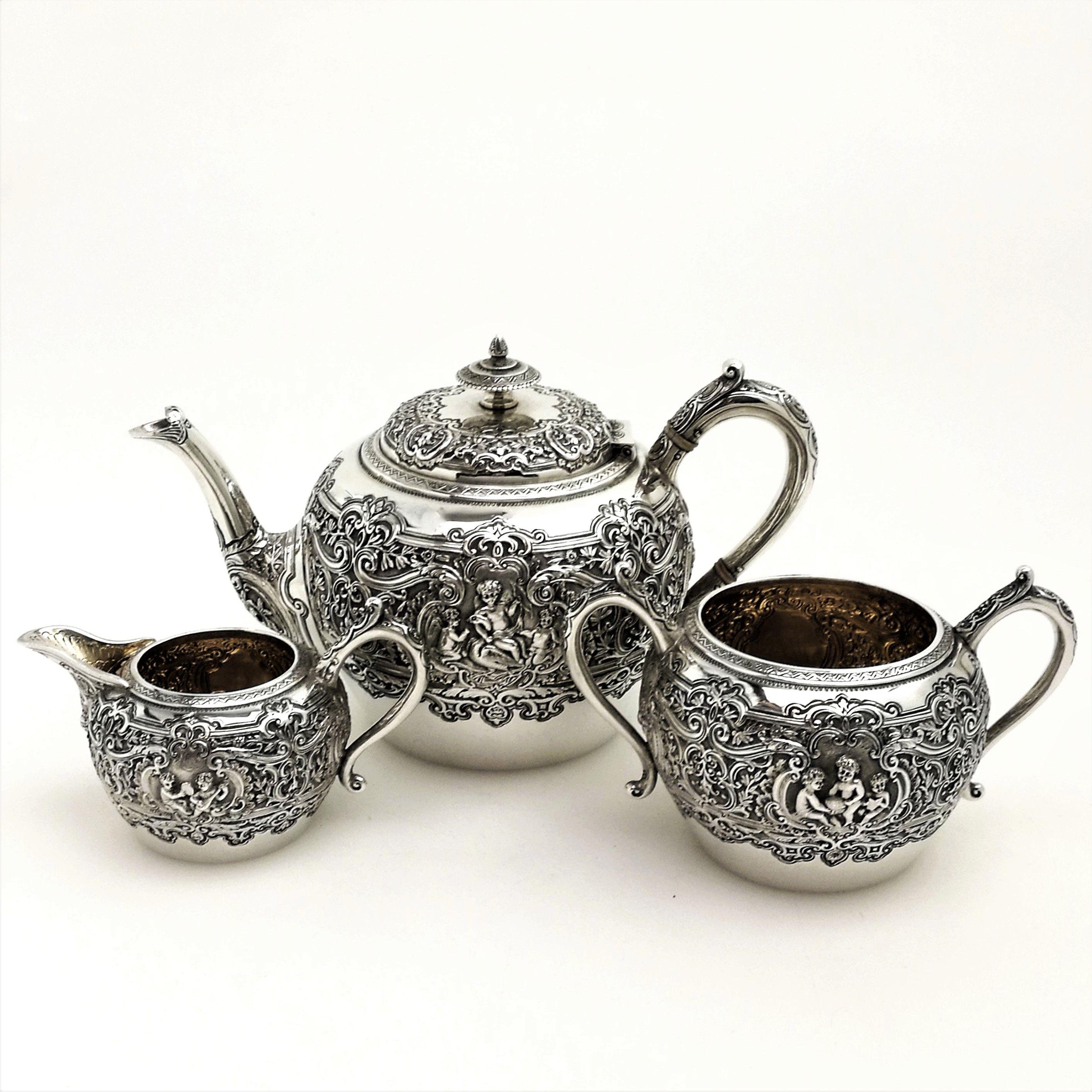 Antique Victorian Sterling Silver 3 Piece Tea Set 1892 Teapot In Good Condition In London, GB