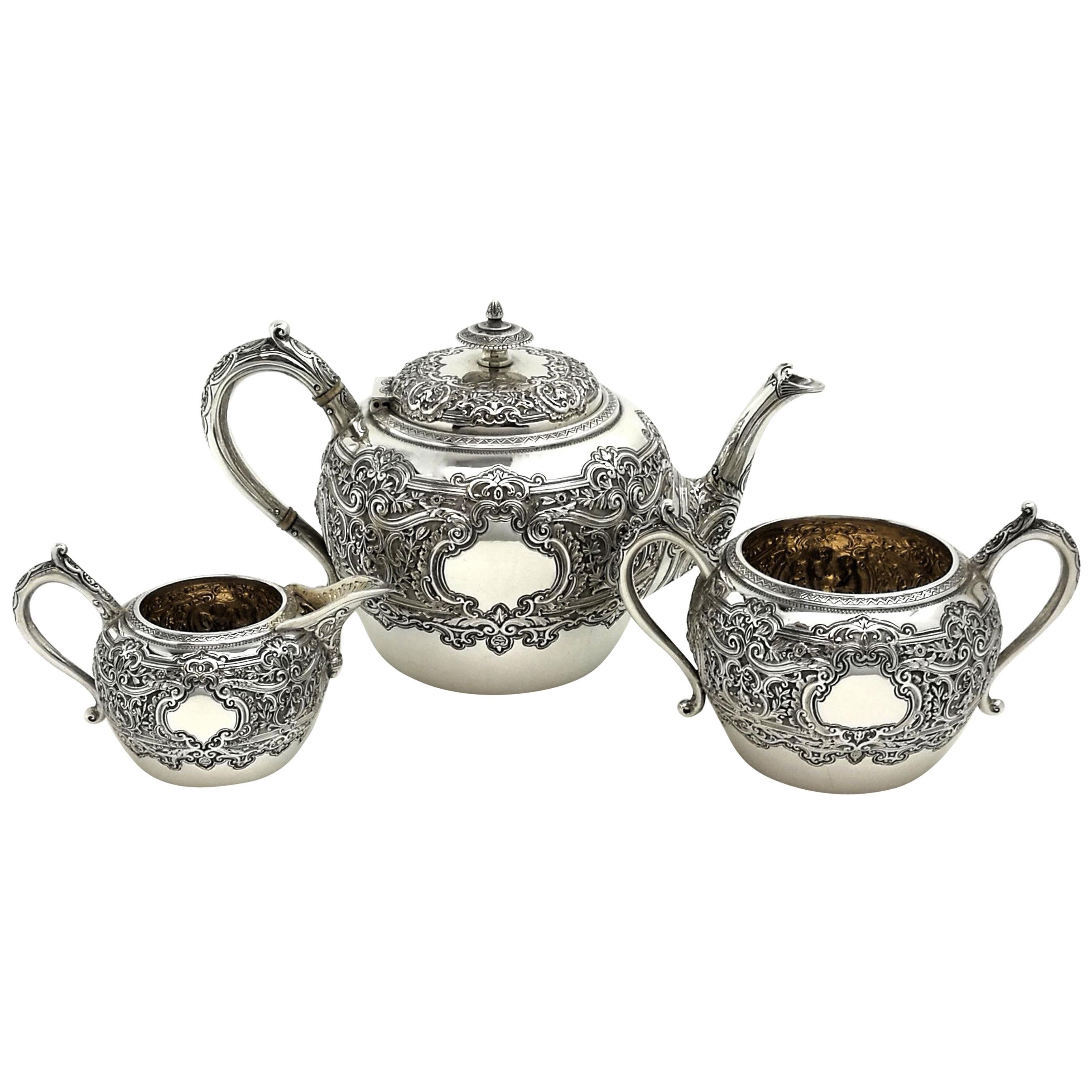 Antique Victorian Sterling Silver 3 Piece Tea Set 1892 Teapot