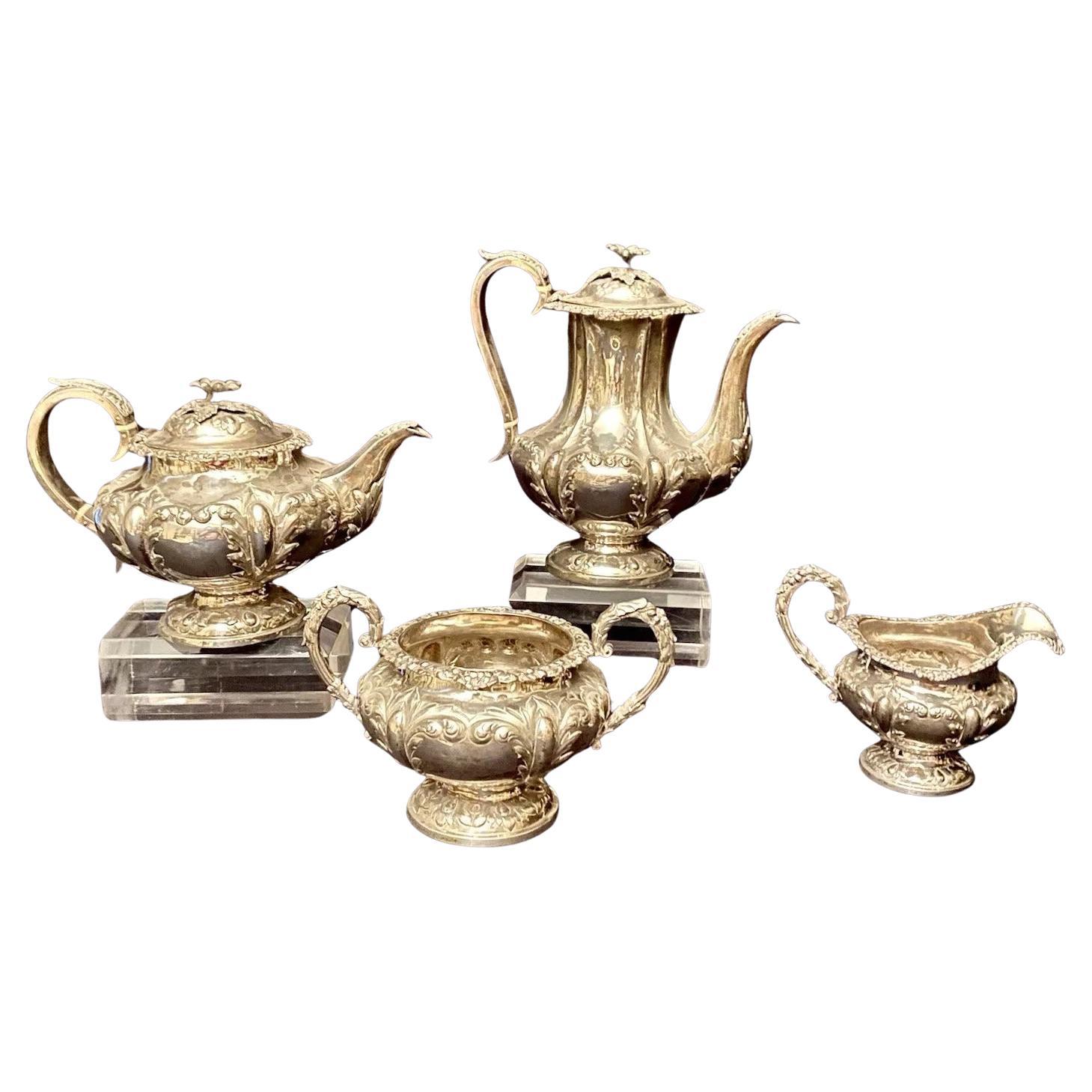 Antiguo juego de té victoriano de plata de ley de 4 piezas Londres 1846 por William Hunter