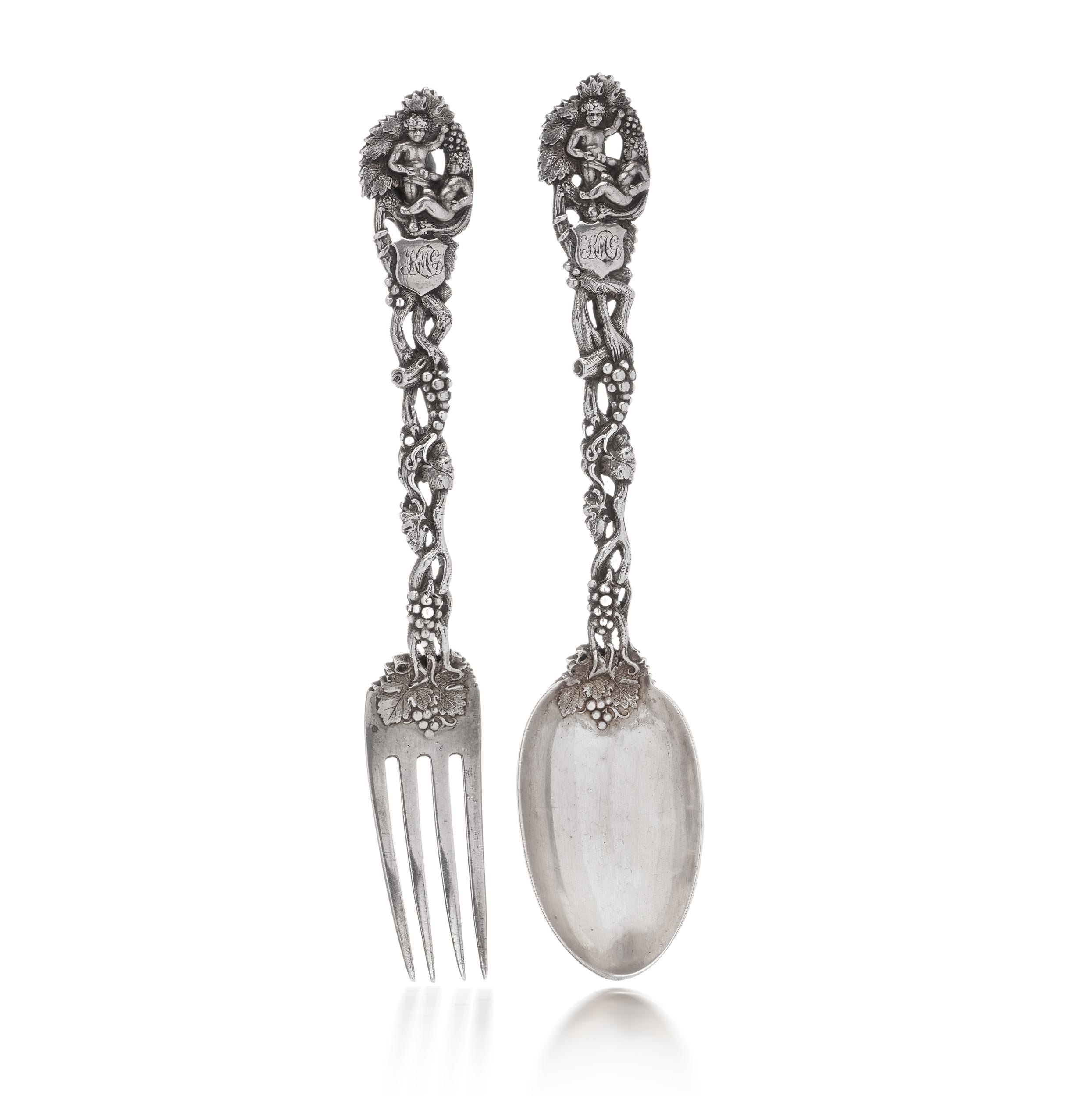 Antique Victorian Sterling silver 925 fruit salad cutlery set of fork and spoon  For Sale 4