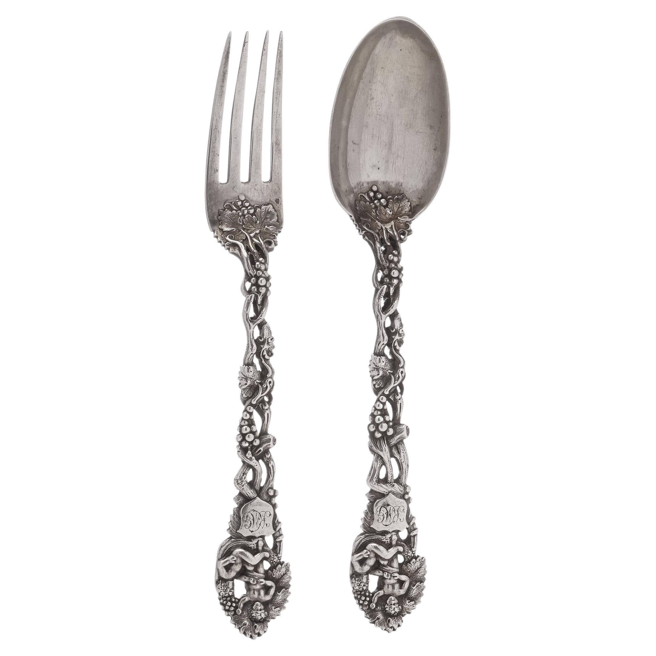 Antique Victorian Sterling silver 925 fruit salad cutlery set of fork and spoon (fourchette et cuillère)  en vente