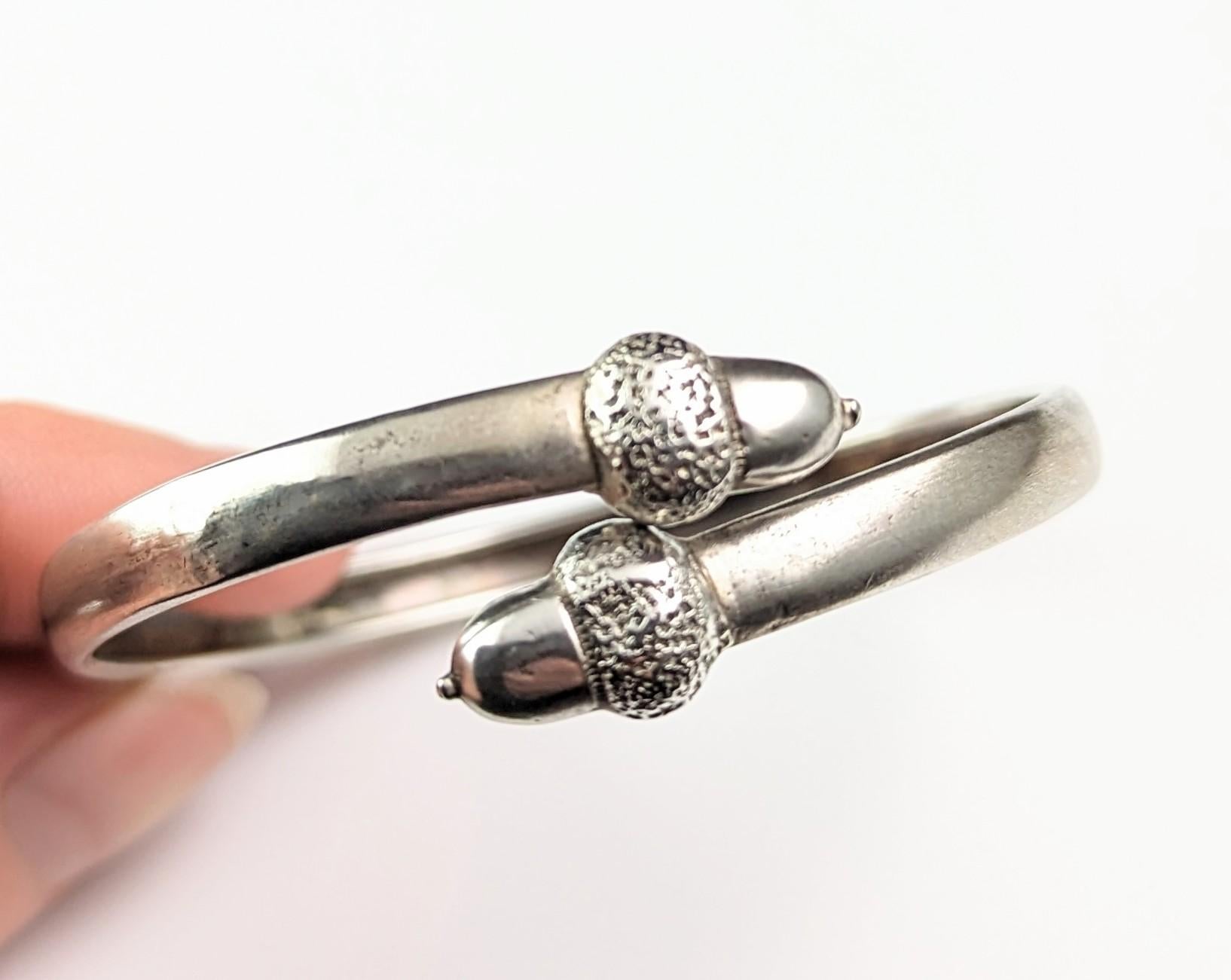 Antique Victorian sterling silver Acorn bypass bangle  2