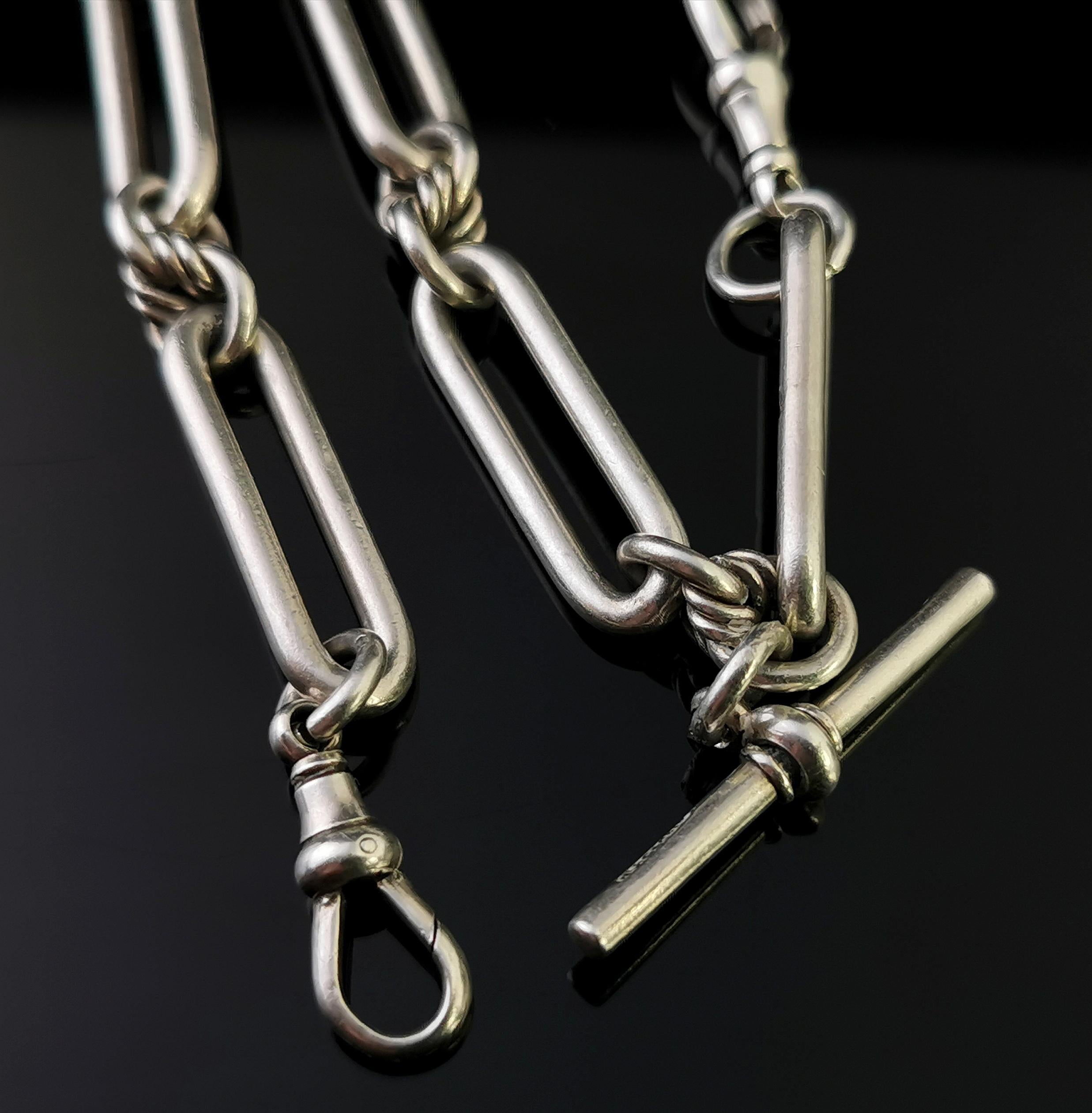 Antique Victorian Sterling Silver Albert Chain, Trombone Link L, Watch Chain 4