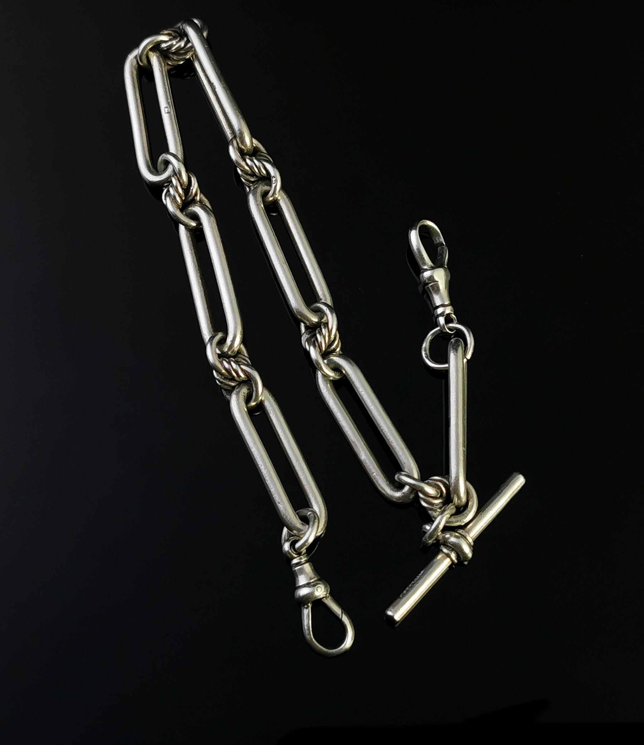 Antique Victorian Sterling Silver Albert Chain, Trombone Link L, Watch Chain 5