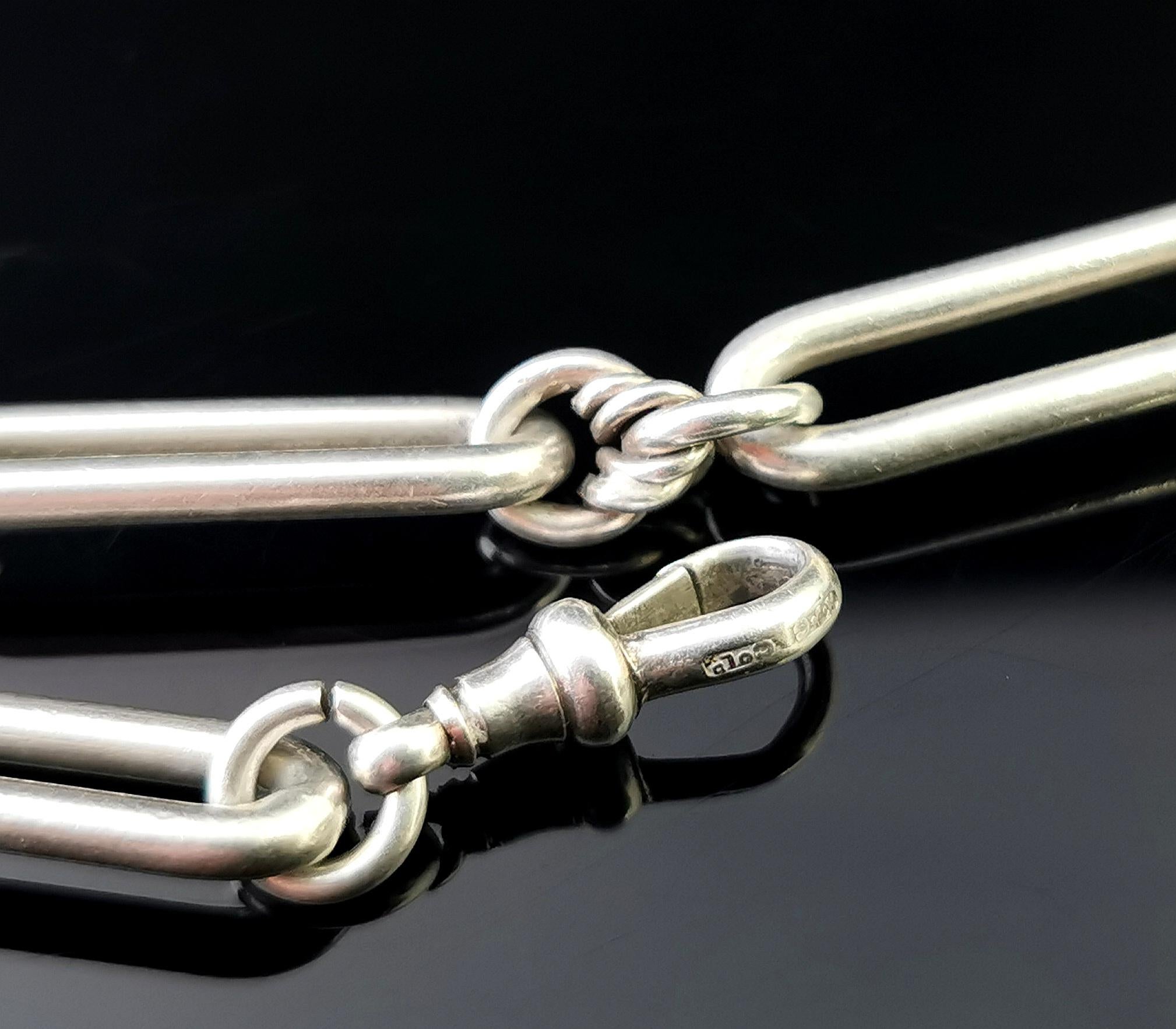 Antique Victorian Sterling Silver Albert Chain, Trombone Link L, Watch Chain 2