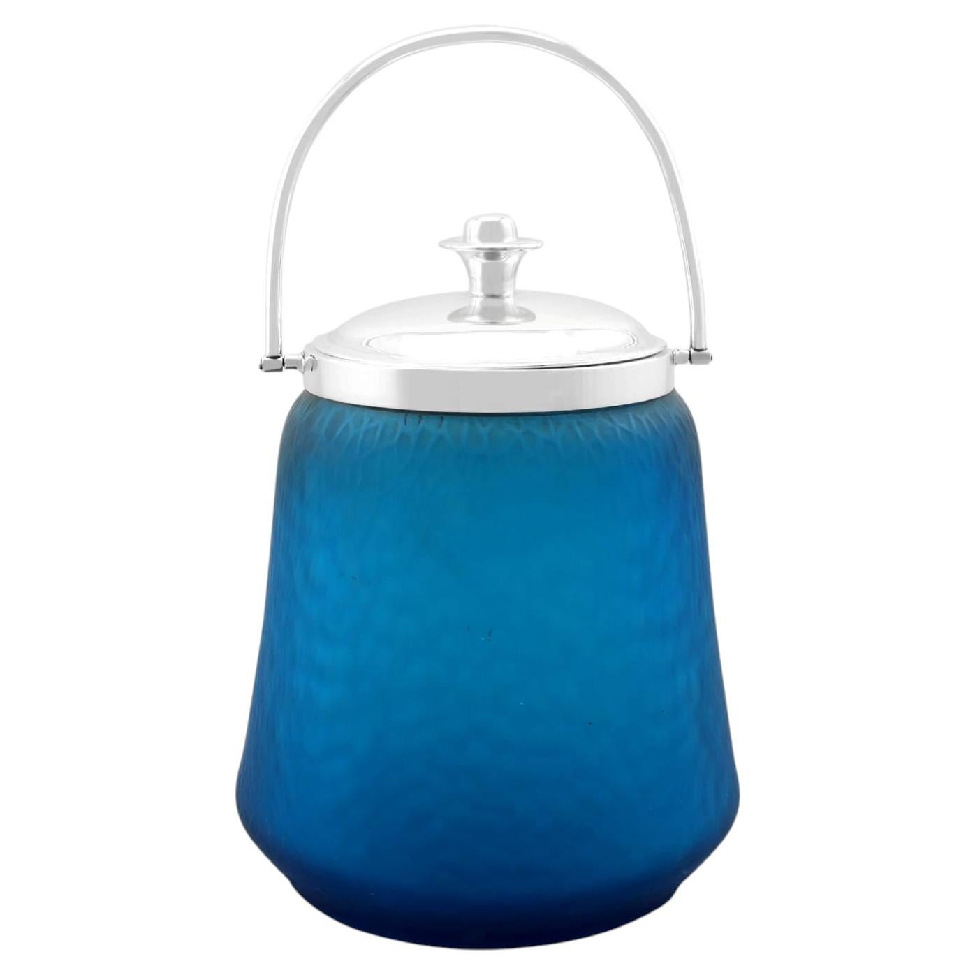 Antique Victorian Sterling Silver and Blue Glass Biscuit Barrel (1896)