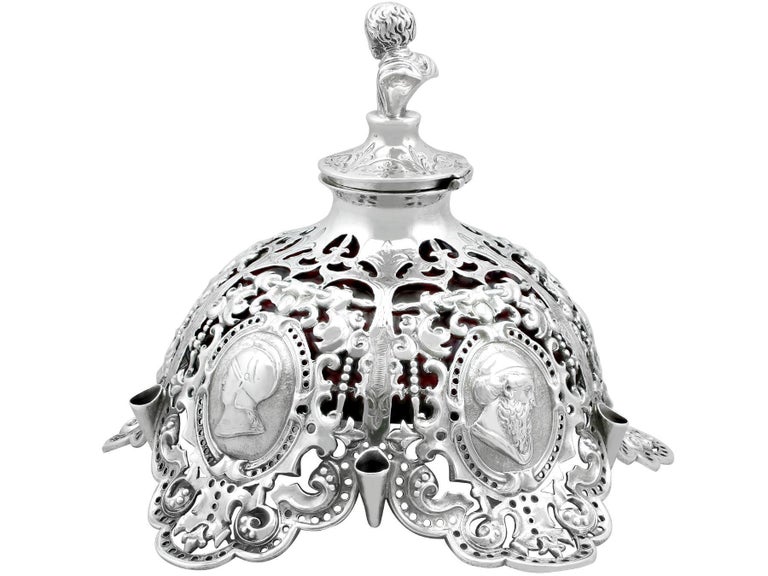 British Antique Victorian Sterling Silver and Cranberry Glass Inkwell For Sale